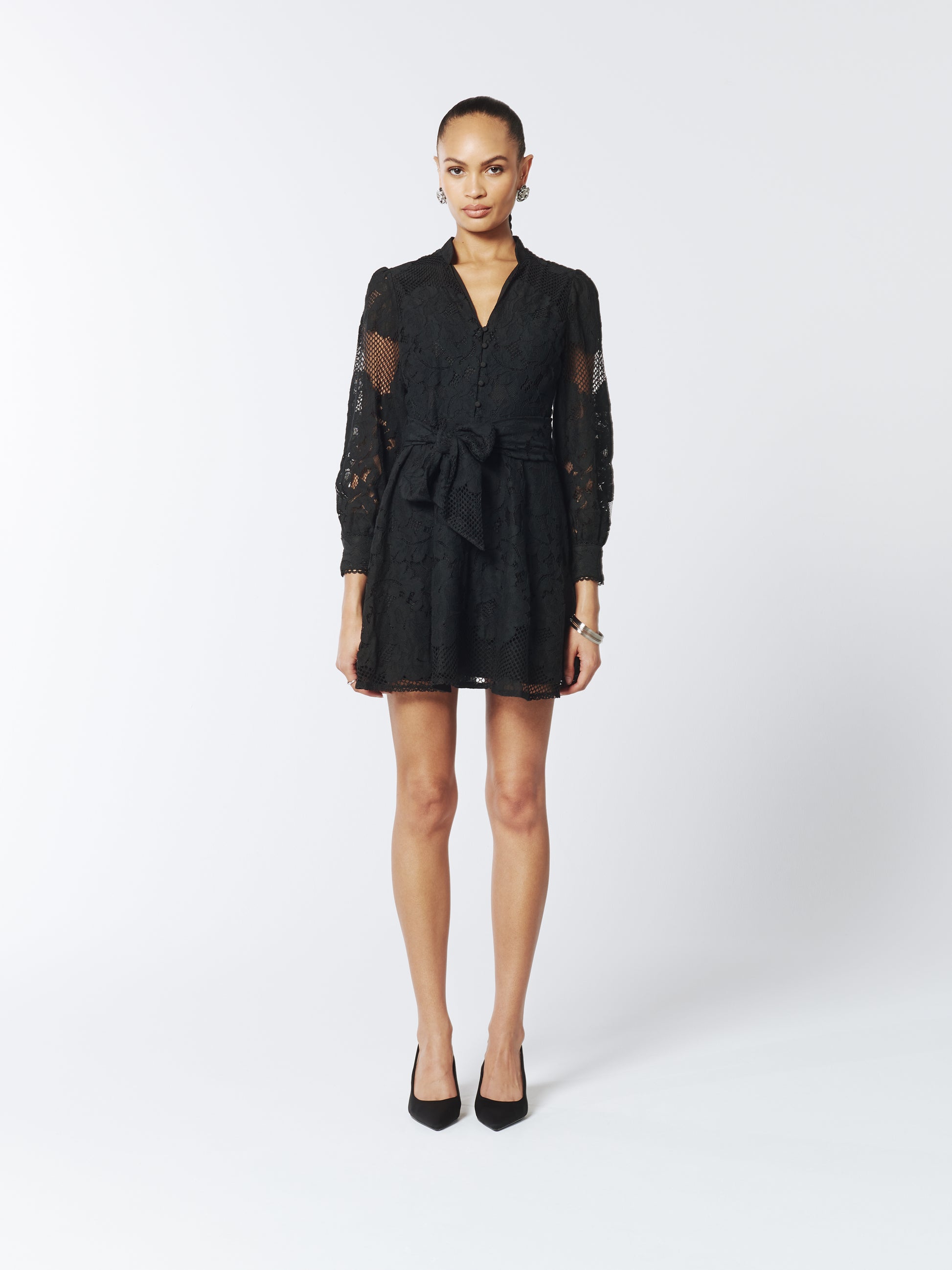 SOUR FIGS Sheer Lace Long Sleeve Mini Dress in Black