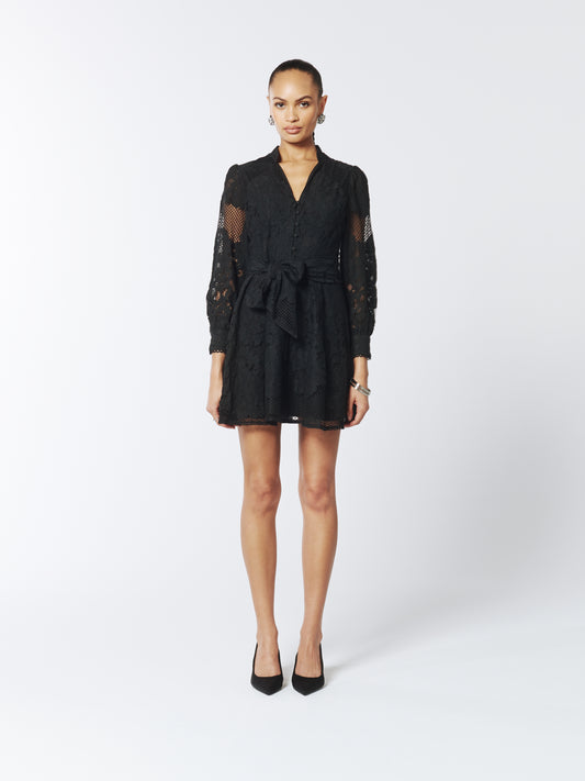 SOUR FIGS Sheer Lace Long Sleeve Mini Dress in Black