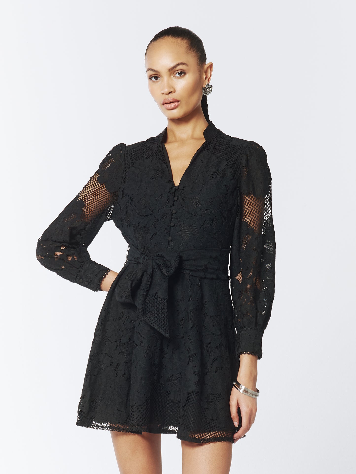 SOUR FIGS Sheer Lace Long Sleeve Mini Dress in Black