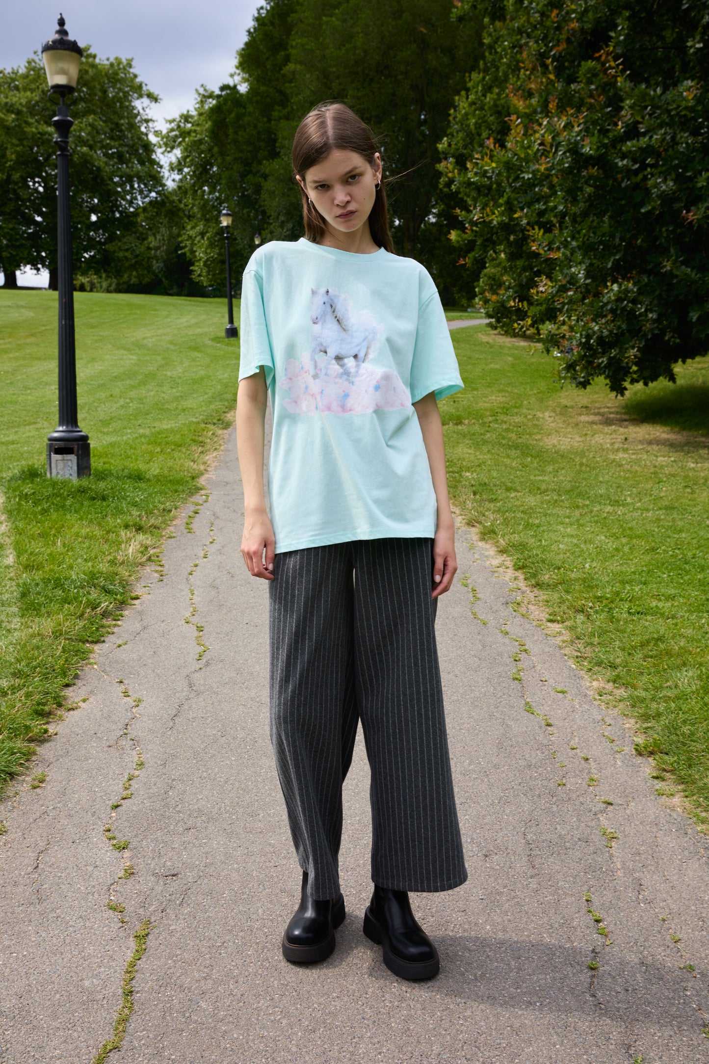 SOUR FIGS White Horse Print Unisex T-Shirt in Light Mint Green