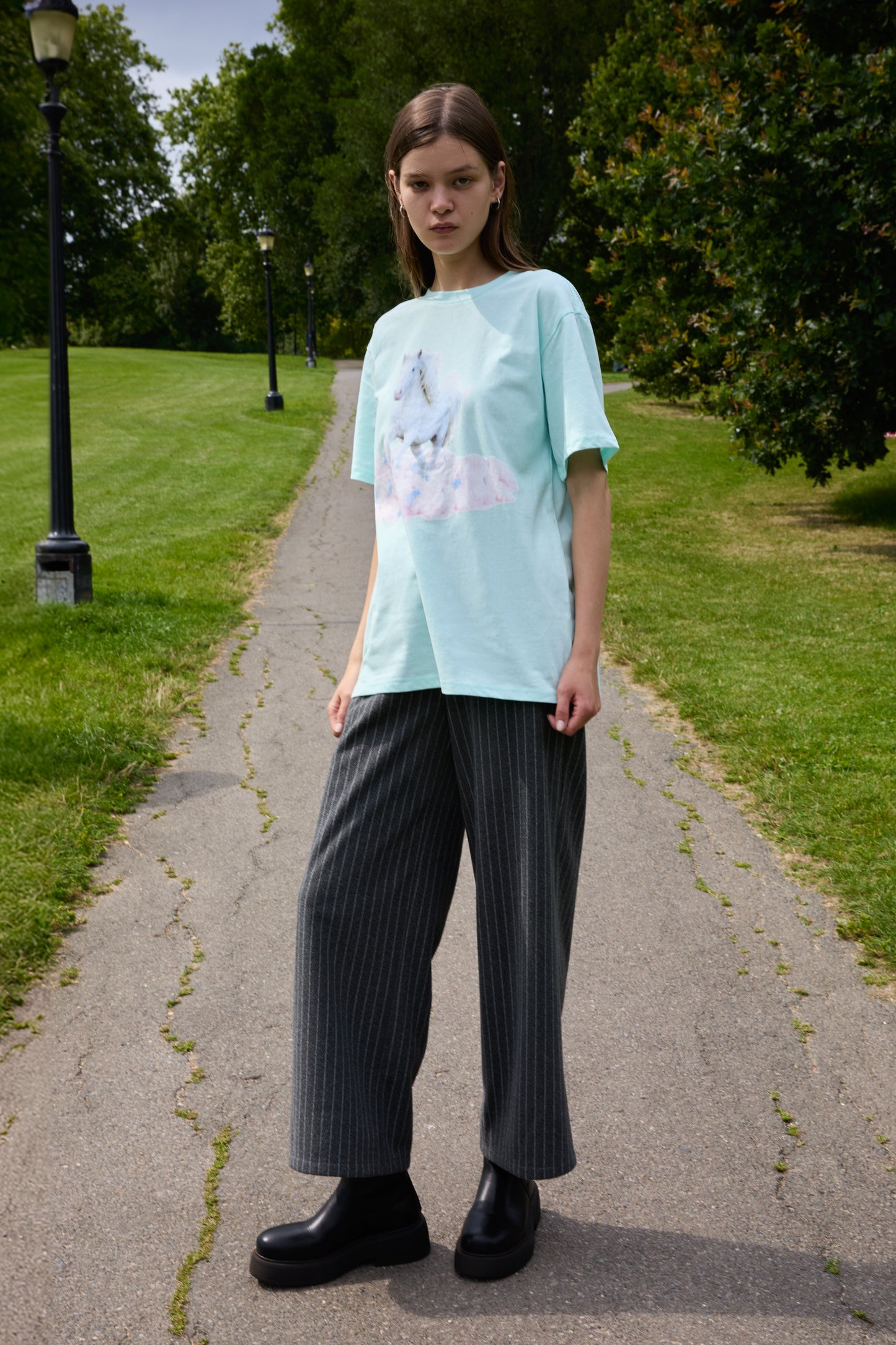 SOUR FIGS White Horse Print Unisex T-Shirt in Light Mint Green