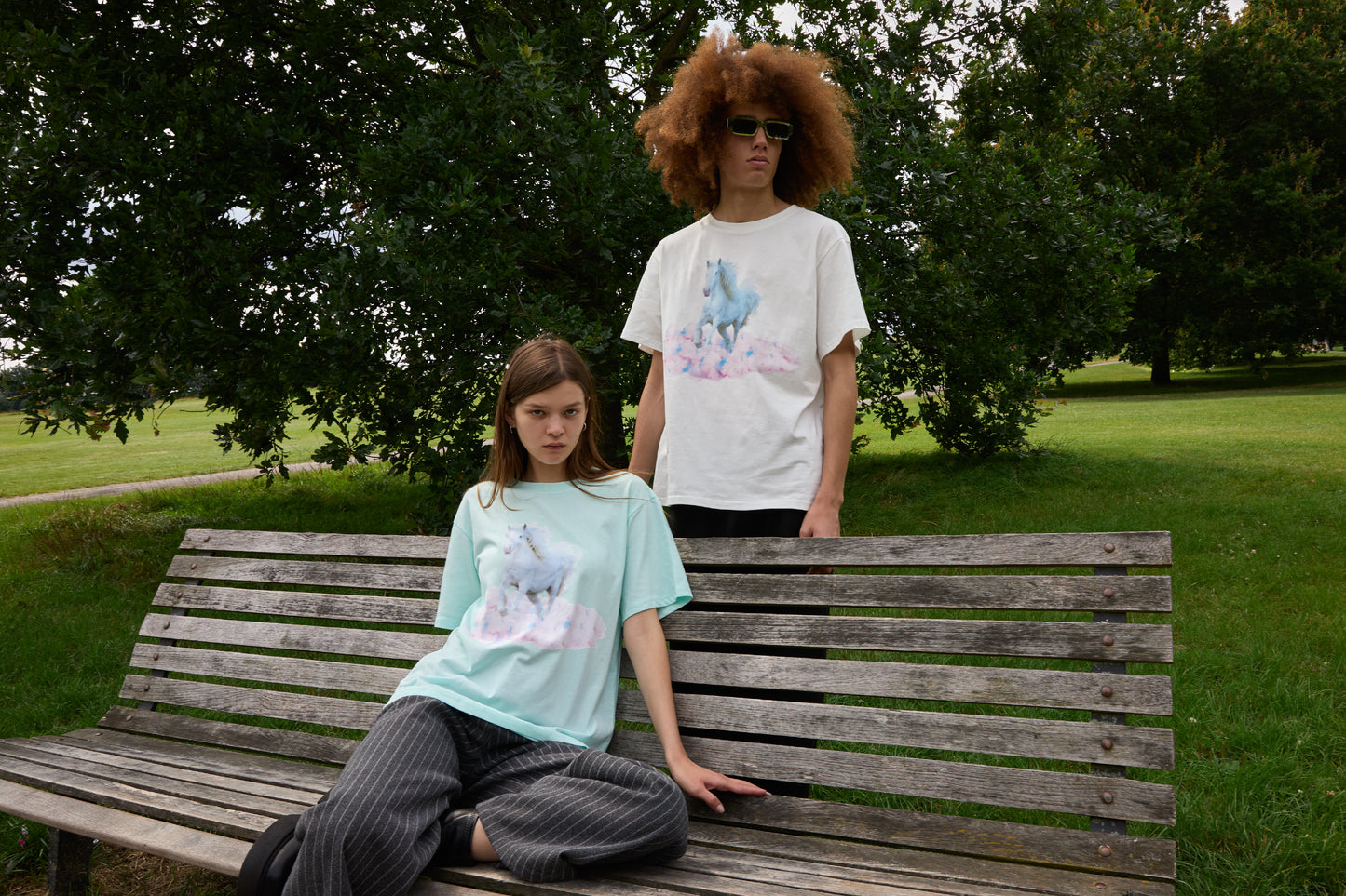 White HorseSOUR FIGS Print Unisex T-Shirt in Light Mint Green