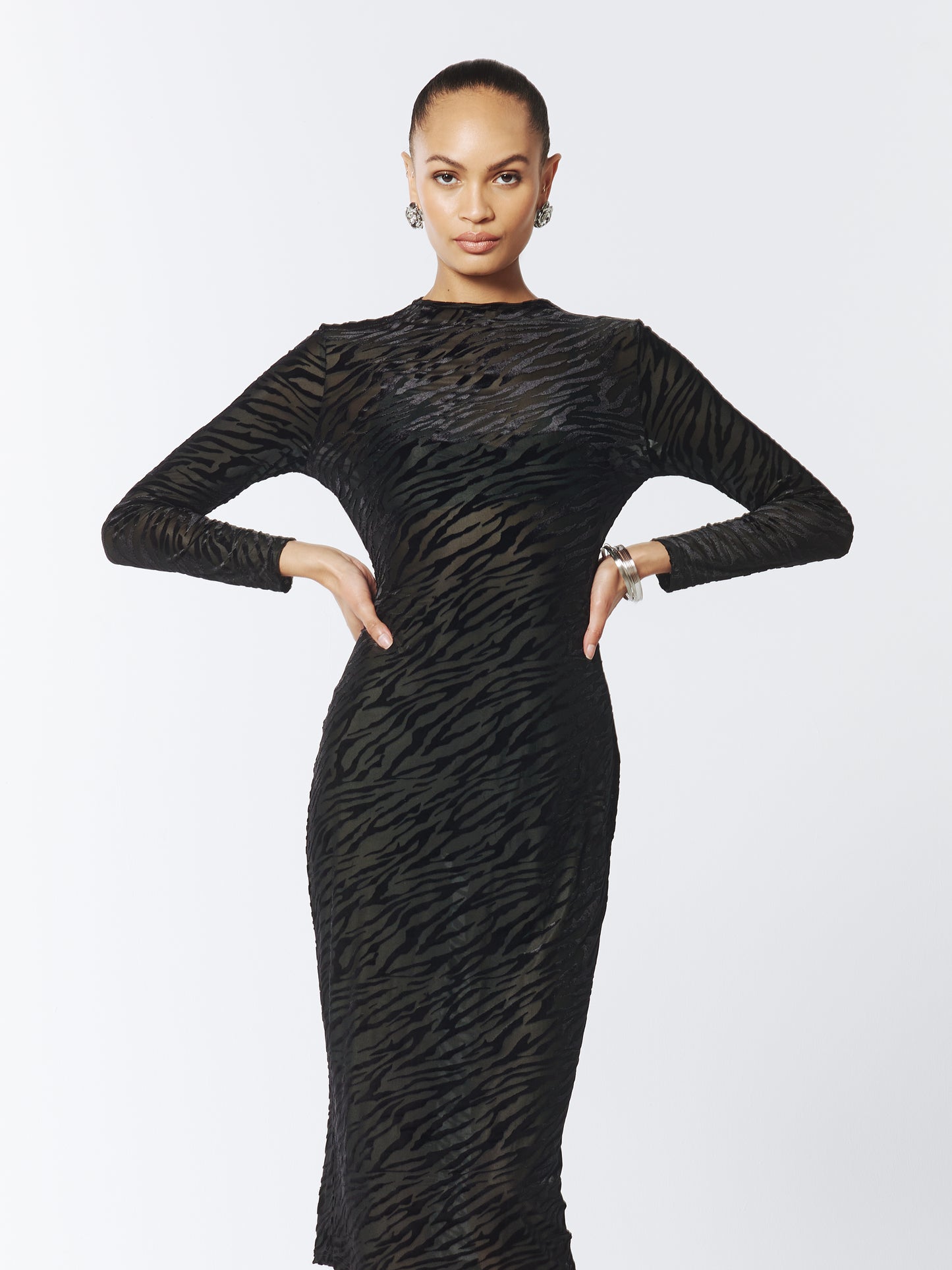SOUR FIGS Black Zebra Pattern Velvet and Mesh Midi Dress
