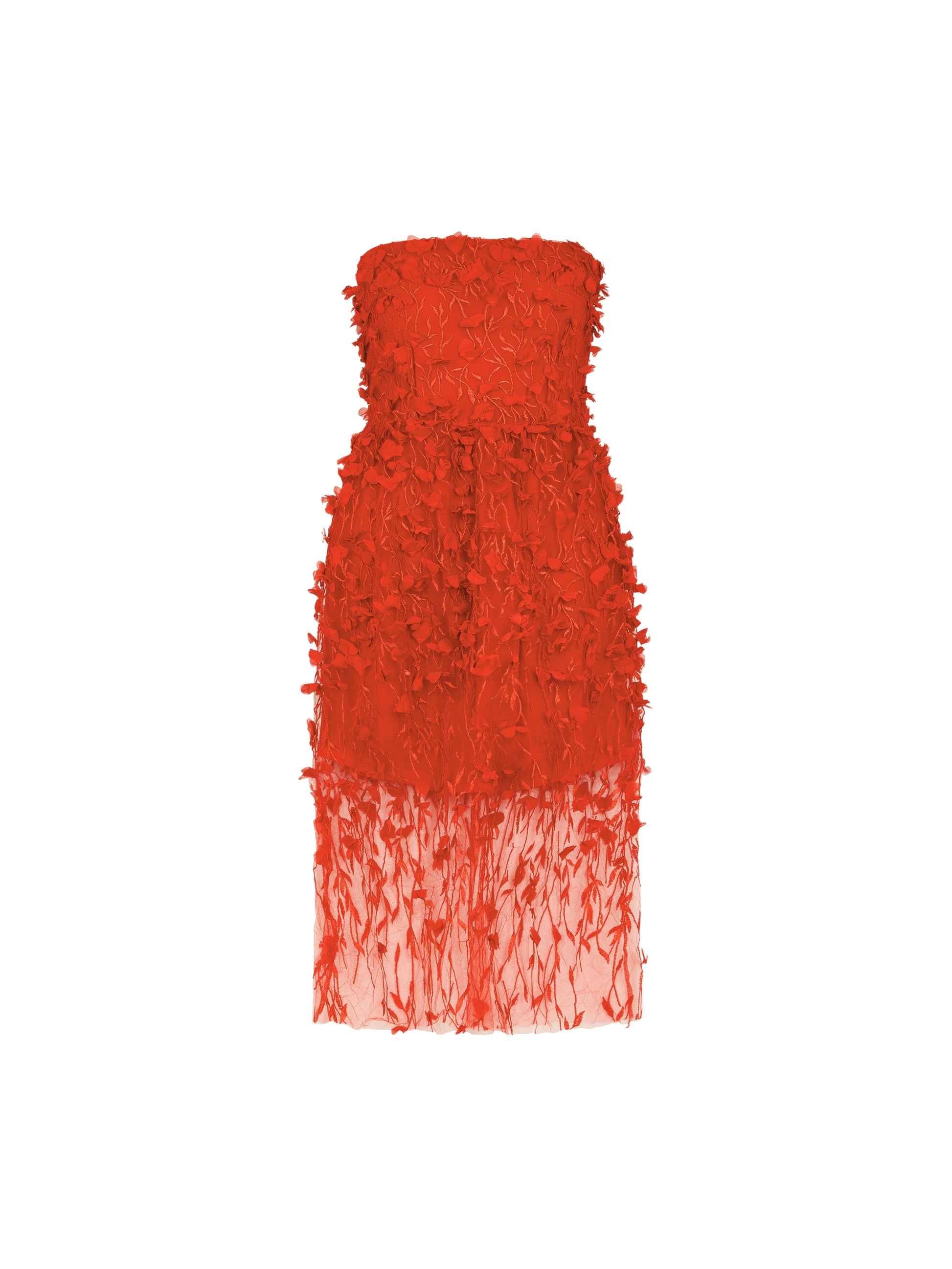 Floral Embellished Red Tulle Dress – Strapless Design with Playful Sheer Effect