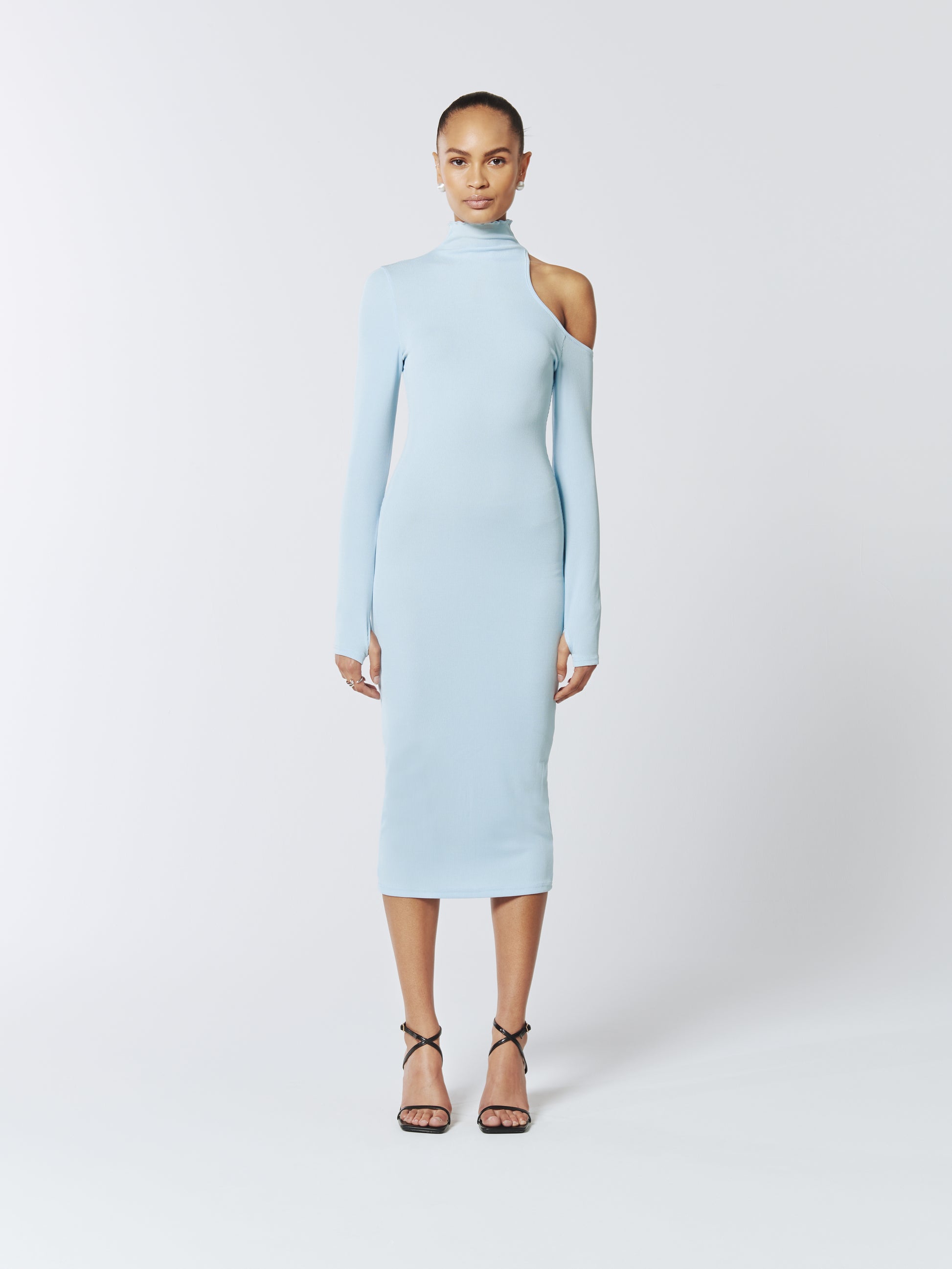 SOUR FIGS Asymmetric One-Shoulder Cutout Knitted Midi Dress in Baby Blue