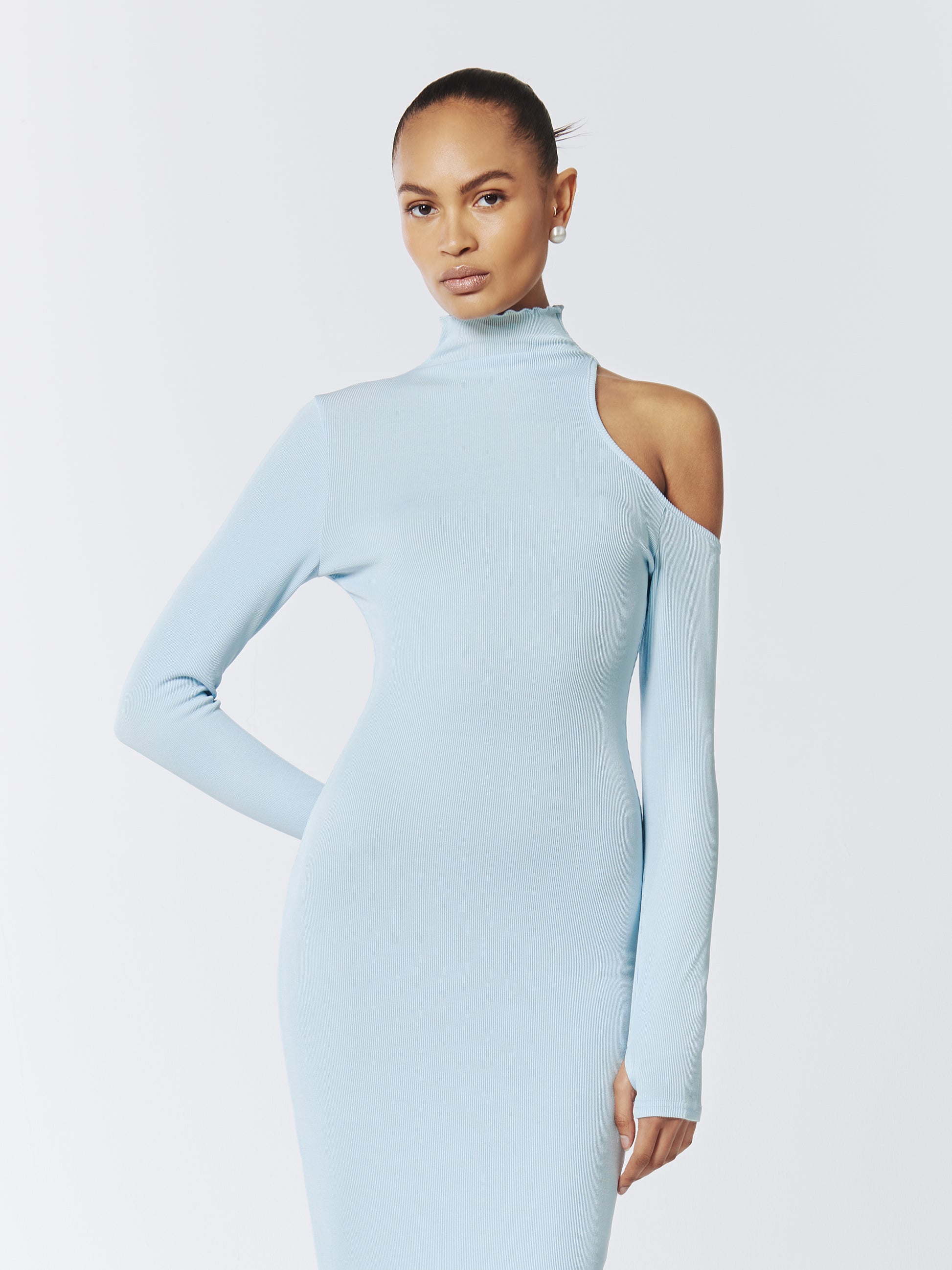 SOUR FIGS Asymmetric One-Shoulder Cutout Knitted Midi Dress in Baby Blue