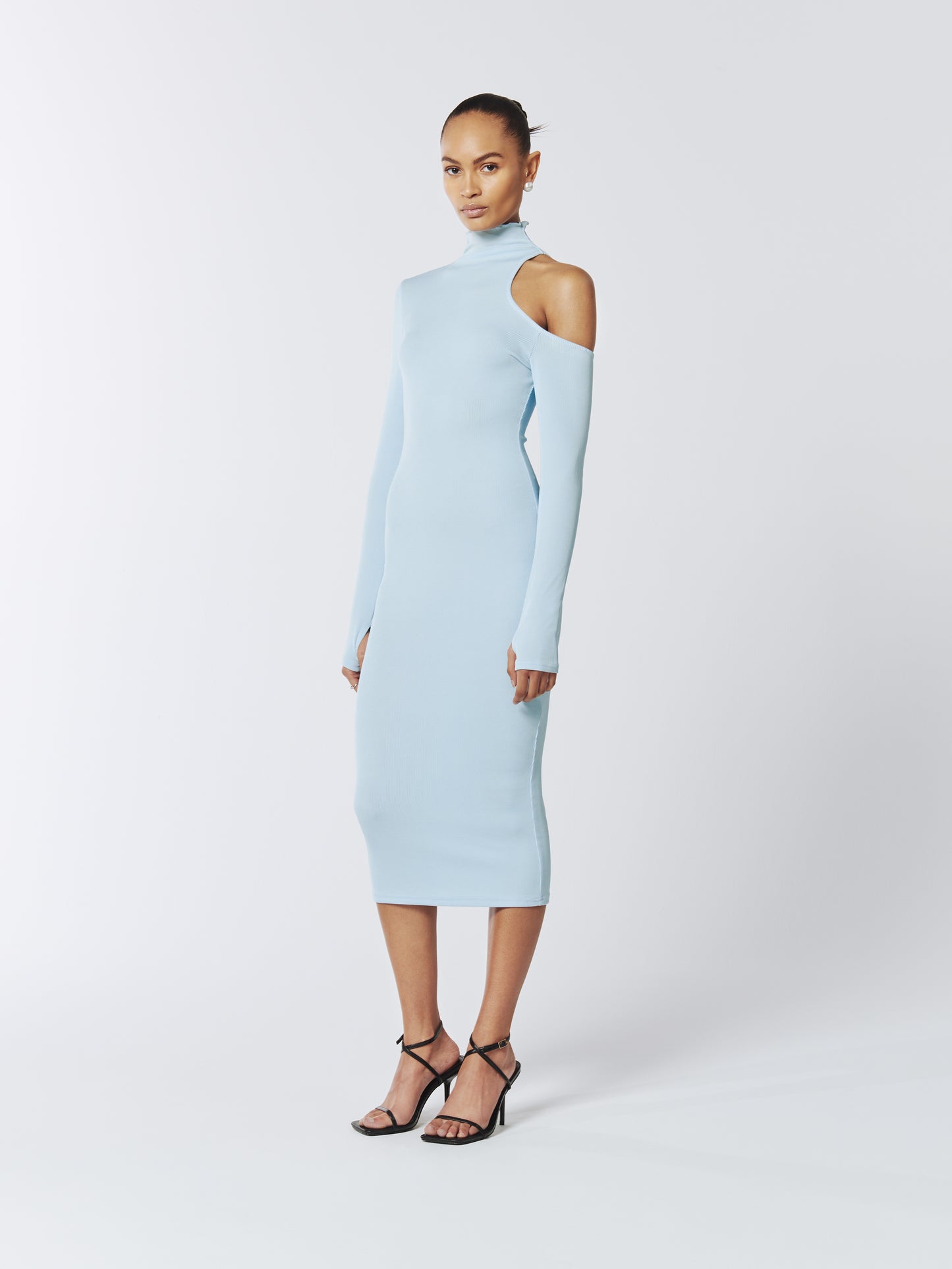 SOUR FIGS Asymmetric One-Shoulder Cutout Knitted Midi Dress in Baby Blue