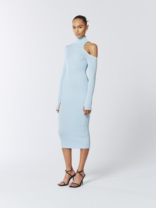 SOUR FIGS Asymmetric One-Shoulder Cutout Knitted Midi Dress in Baby Blue