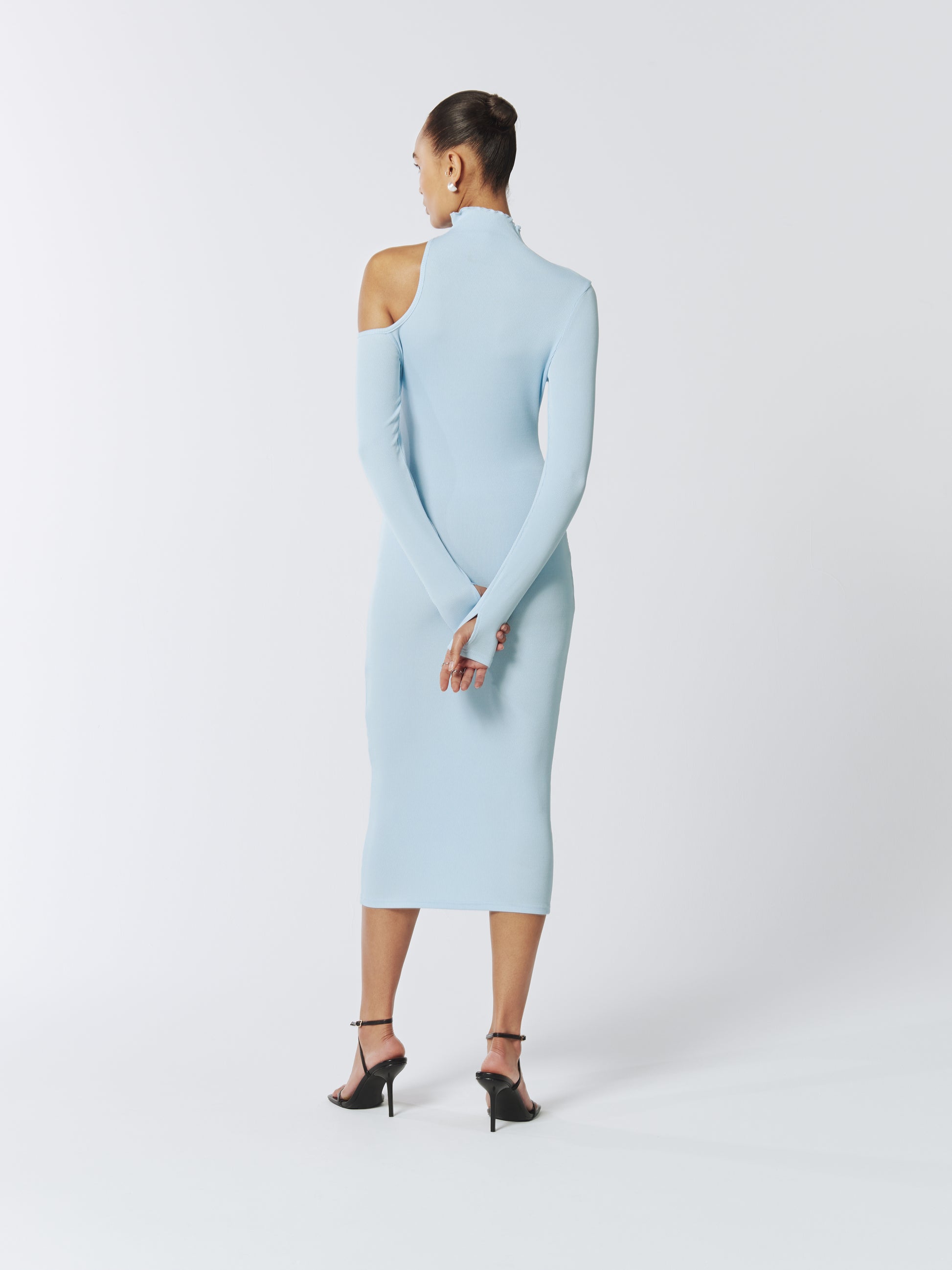 SOUR FIGS Asymmetric One-Shoulder Cutout Knitted Midi Dress in Baby Blue