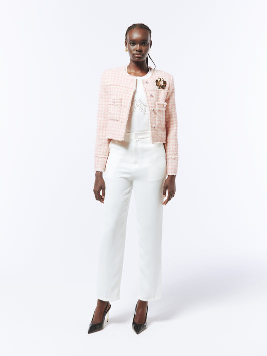 SOUR FIGS Brooch-detail Checked Bouclé Tweed Jacket in Dawn Pink – A timeless women’s blazer with elegant brooch accents and a soft pink tweed finish.