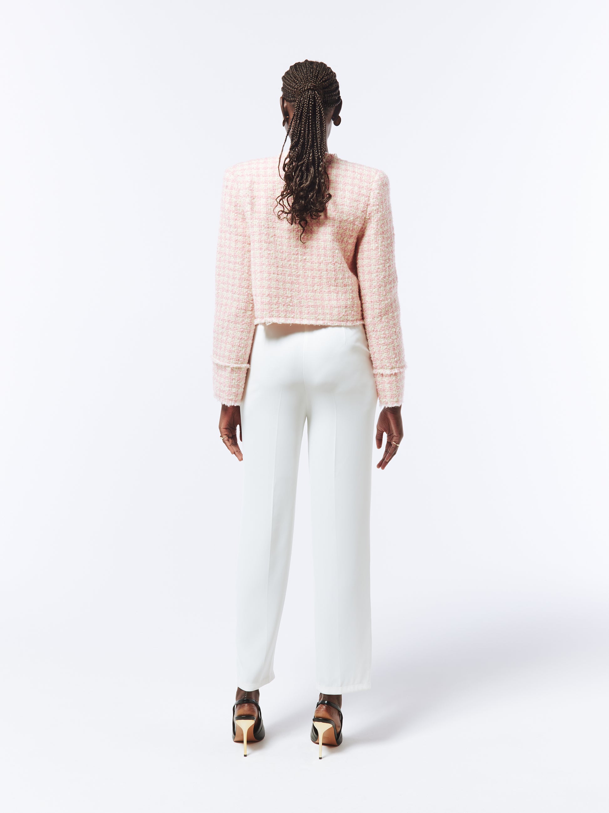 Sophisticated and chic, the SOUR FIGS Brooch-detail Tweed Jacket in Dawn Pink offers a classic checked pattern with a modern twist.
