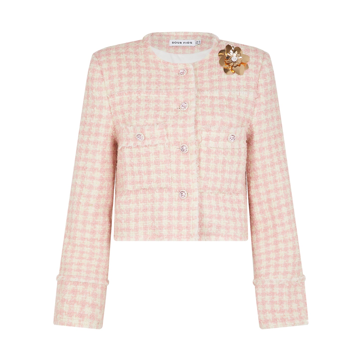 Elegant and versatile, the SOUR FIGS Brooch-detail Checked Bouclé Tweed Jacket in Dawn Pink is a statement layering piece for any wardrobe.