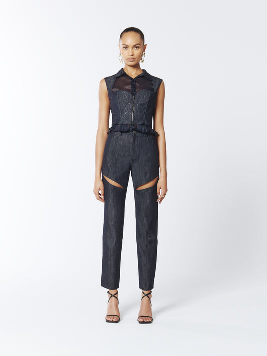 SOUR FIGS Composite Sparkly Denim Bustier Blouse in Profound Blue