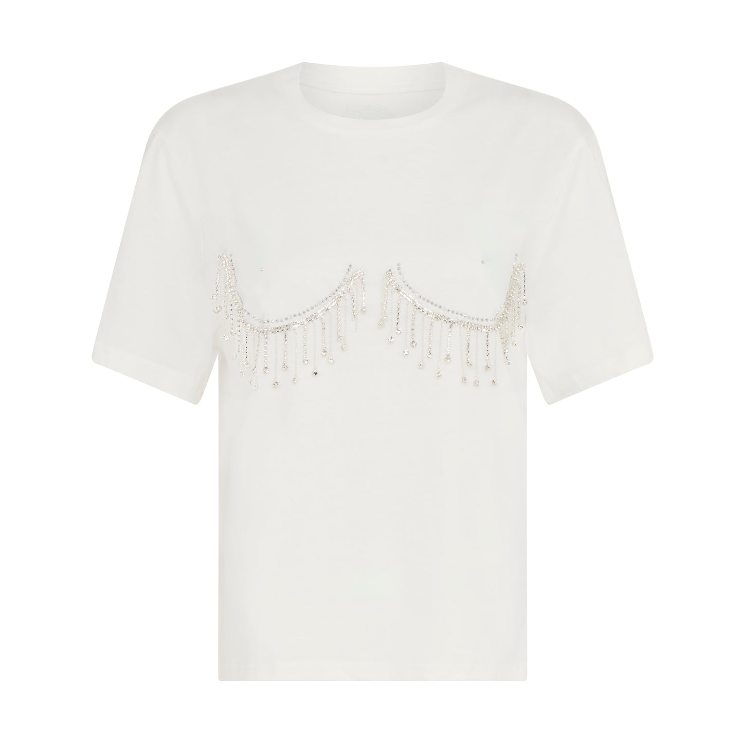 SOUR FIGS Crystal Fringed T-shirt in White crystal bustier top