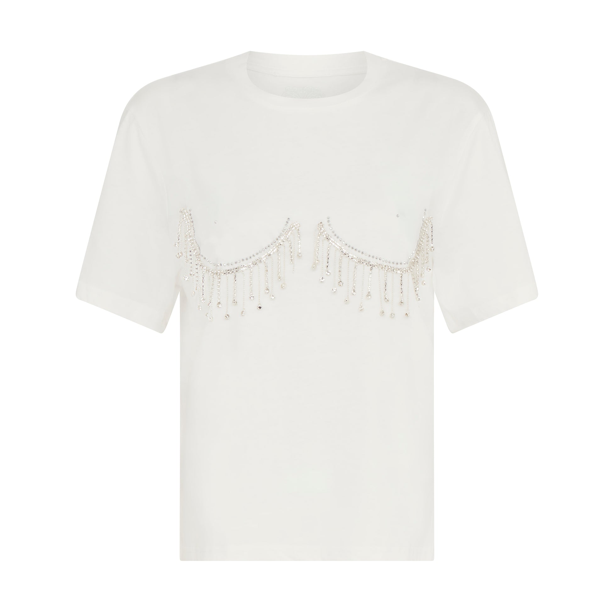 SOUR FIGS Crystal Fringed T-shirt in White crystal bustier top
