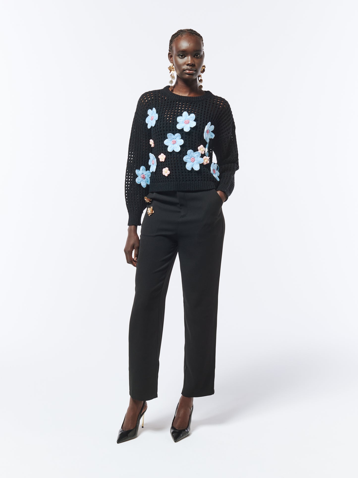 SOUR FIGS Daisy Detail Knit Jumper in Black