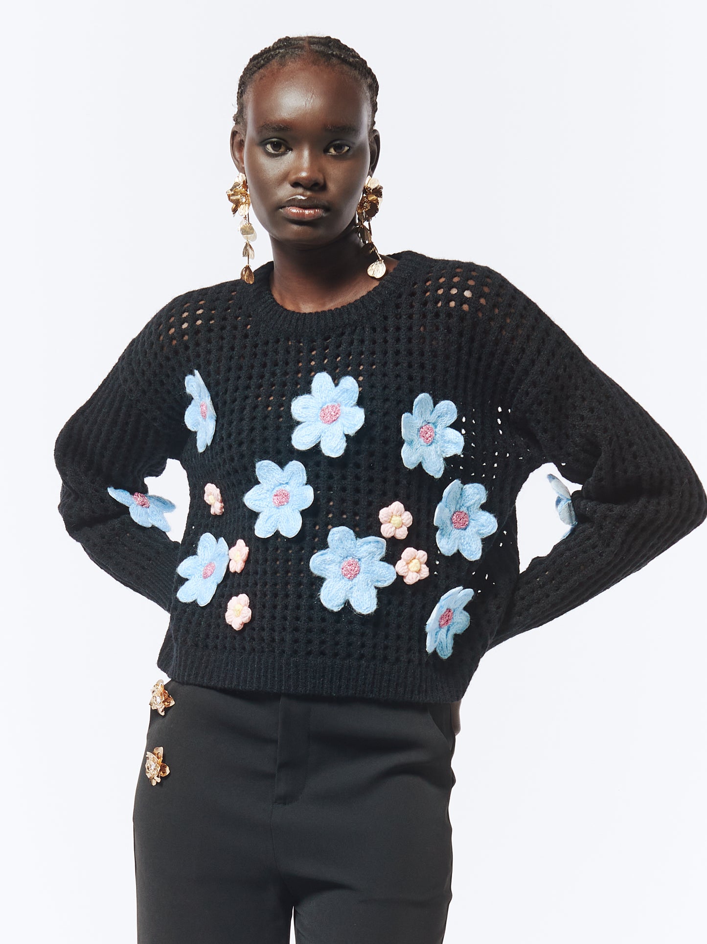 SOUR FIGS Daisy Detail Knit Sweater in Black
