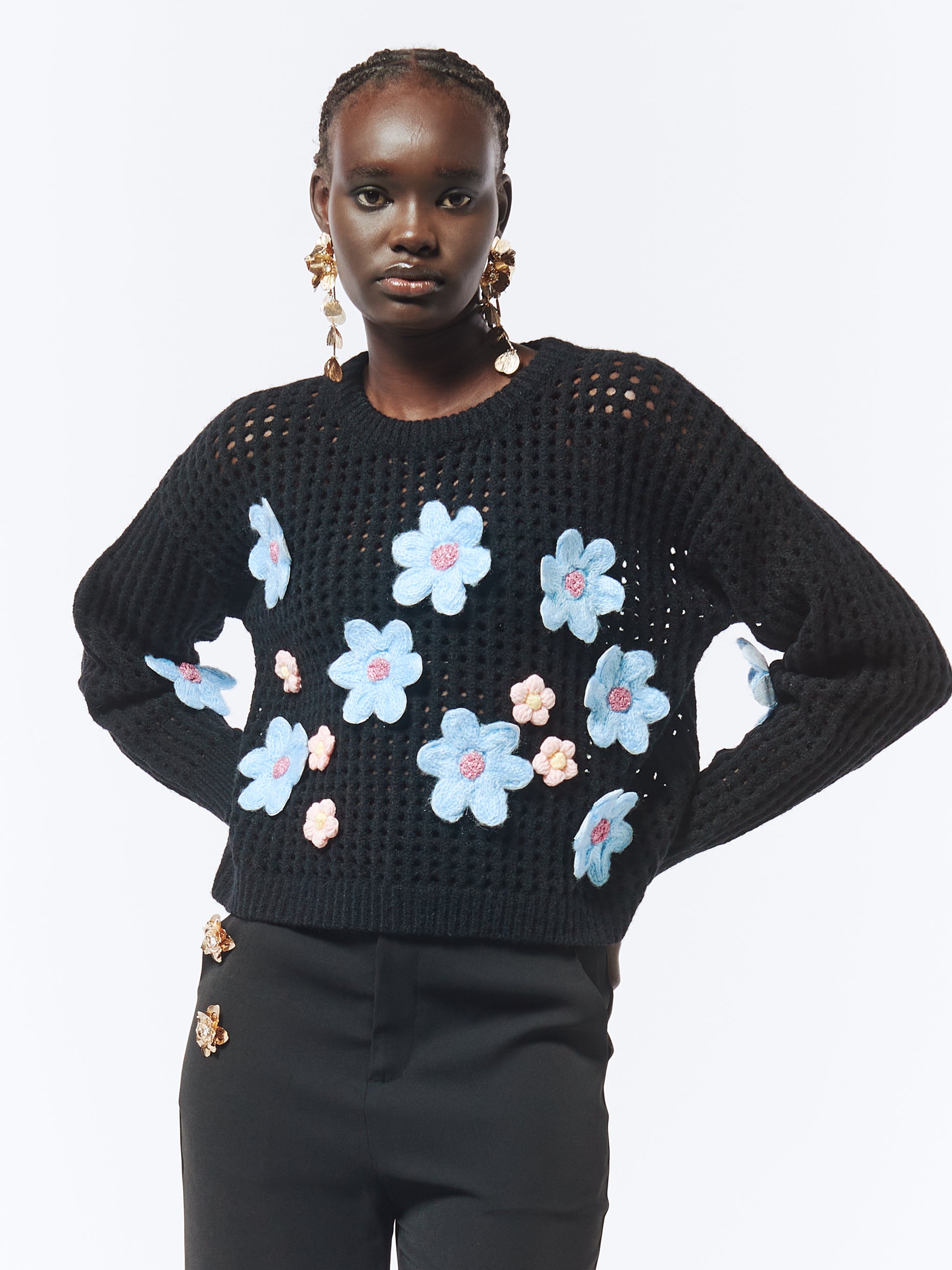 SOUR FIGS Daisy Detail Knit Sweater in Black