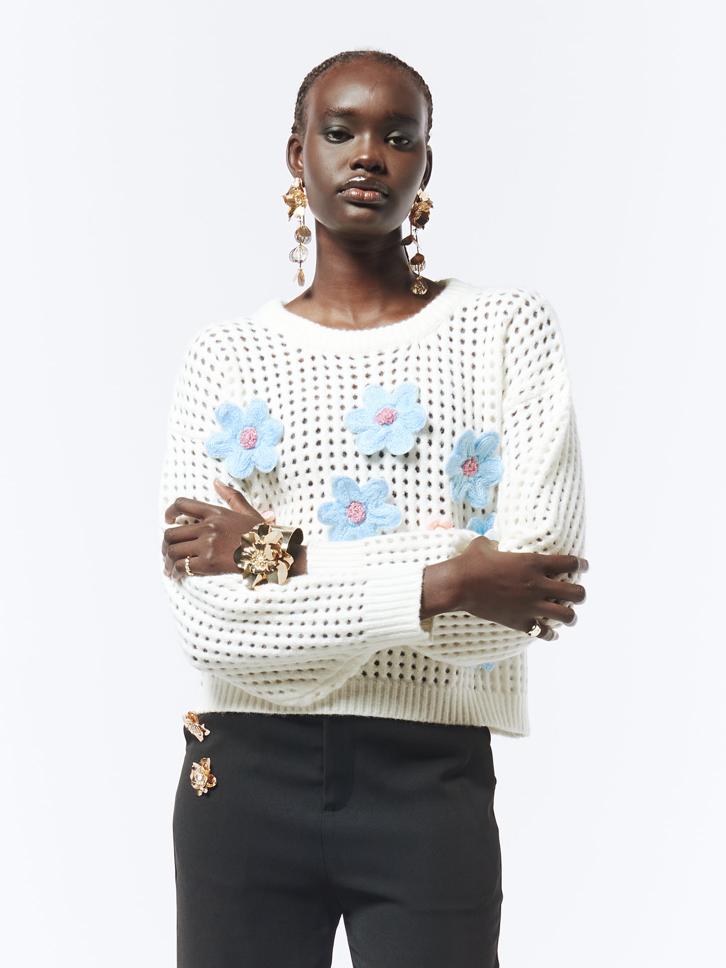 SOUR FIGS Floral Sweater in White