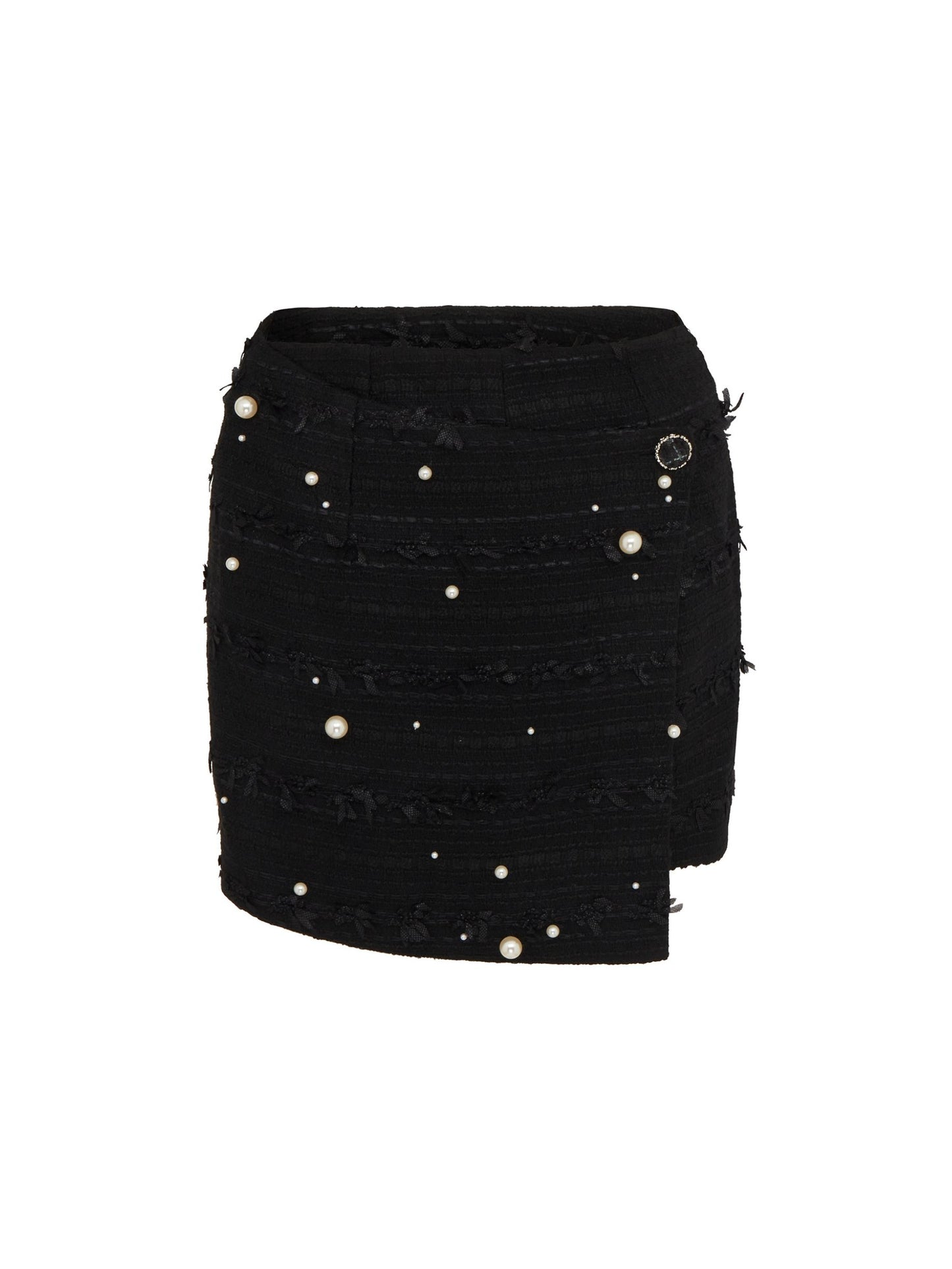 SOUR FIGS Faux Pearl-Embellished Asymmetric Wrap Skirt in Black