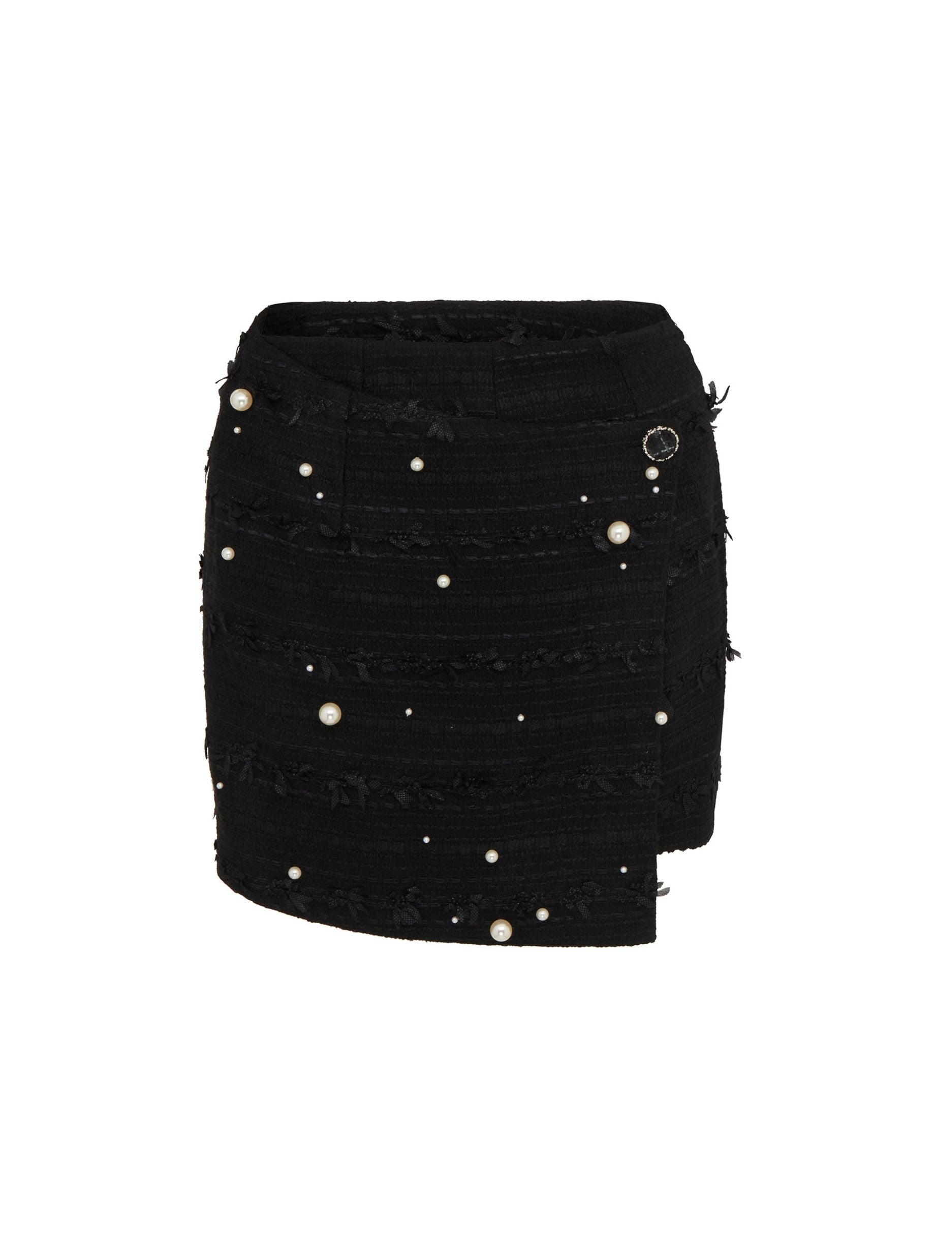 SOUR FIGS Faux Pearl-Embellished Asymmetric Wrap Skirt in Black