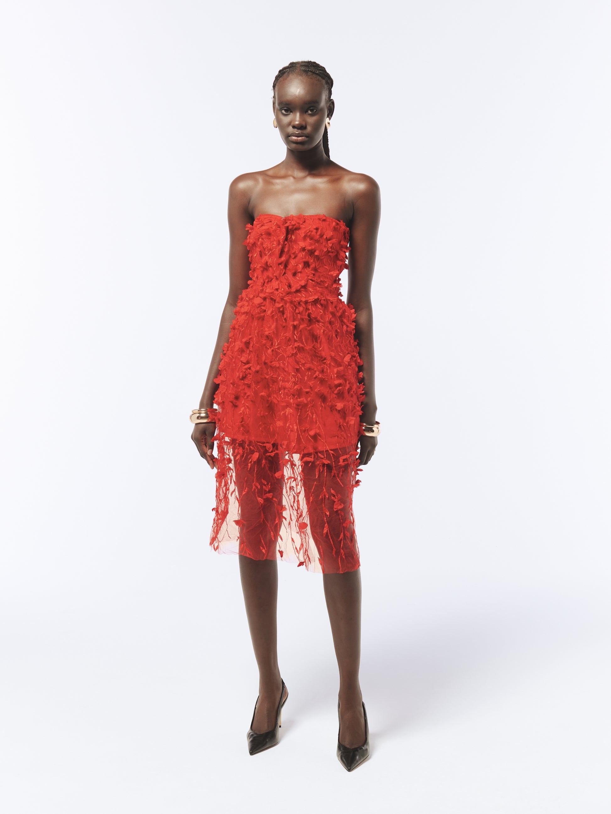 Lust Red Floral Embellished Tulle Dress – Strapless Evening Gown with Sheer Detail