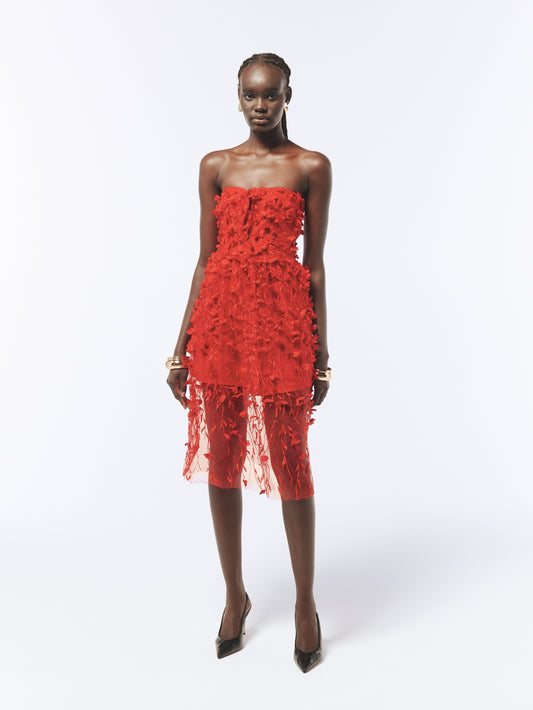Lust Red Floral Embellished Tulle Dress – Strapless Evening Gown with Sheer Detail