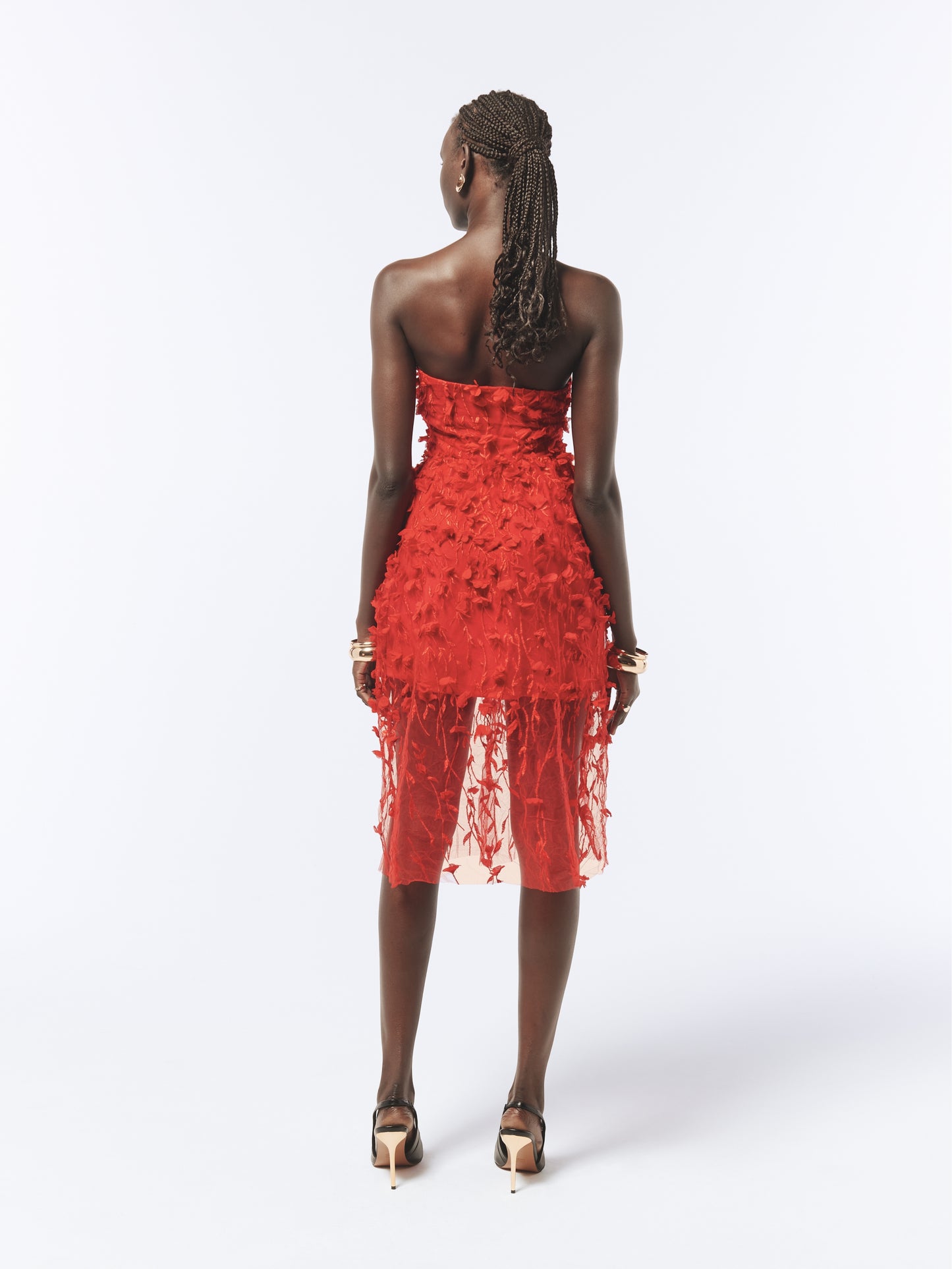 Statement Red Strapless Dress with Cascading Floral Details and Sheer Tulle Design