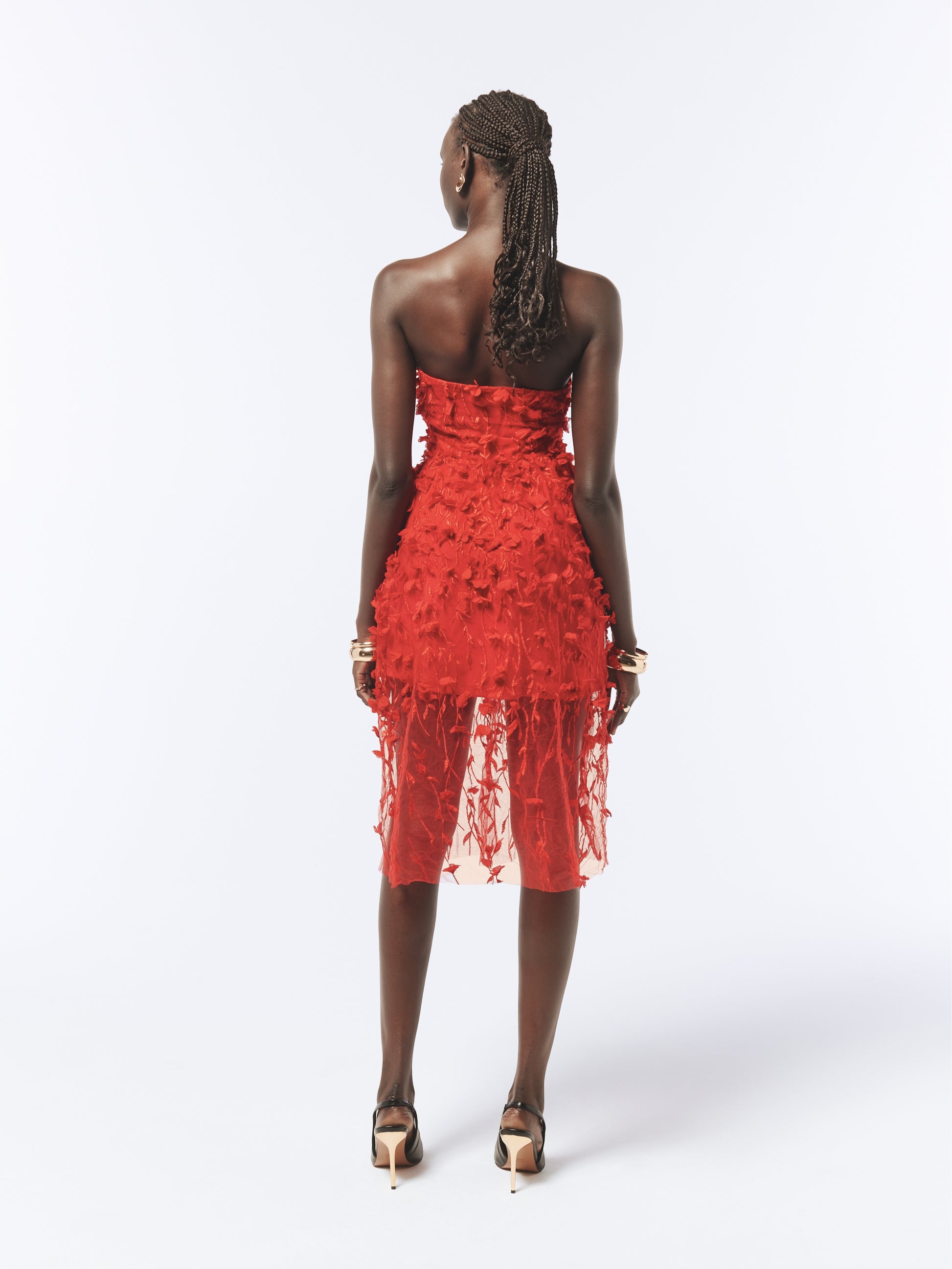 Statement Red Strapless Dress with Cascading Floral Details and Sheer Tulle Design