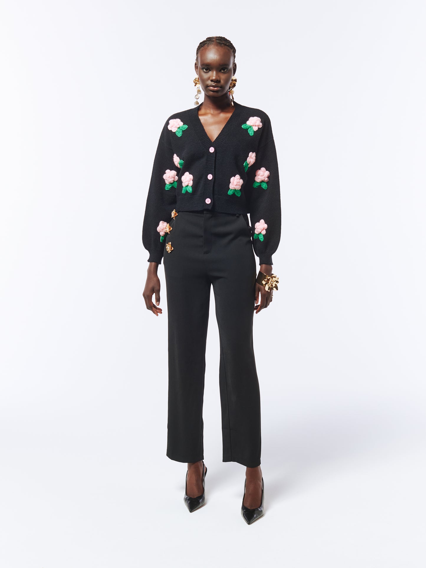 SOUR FIGS Flower Detail Knit Cardigan in Black