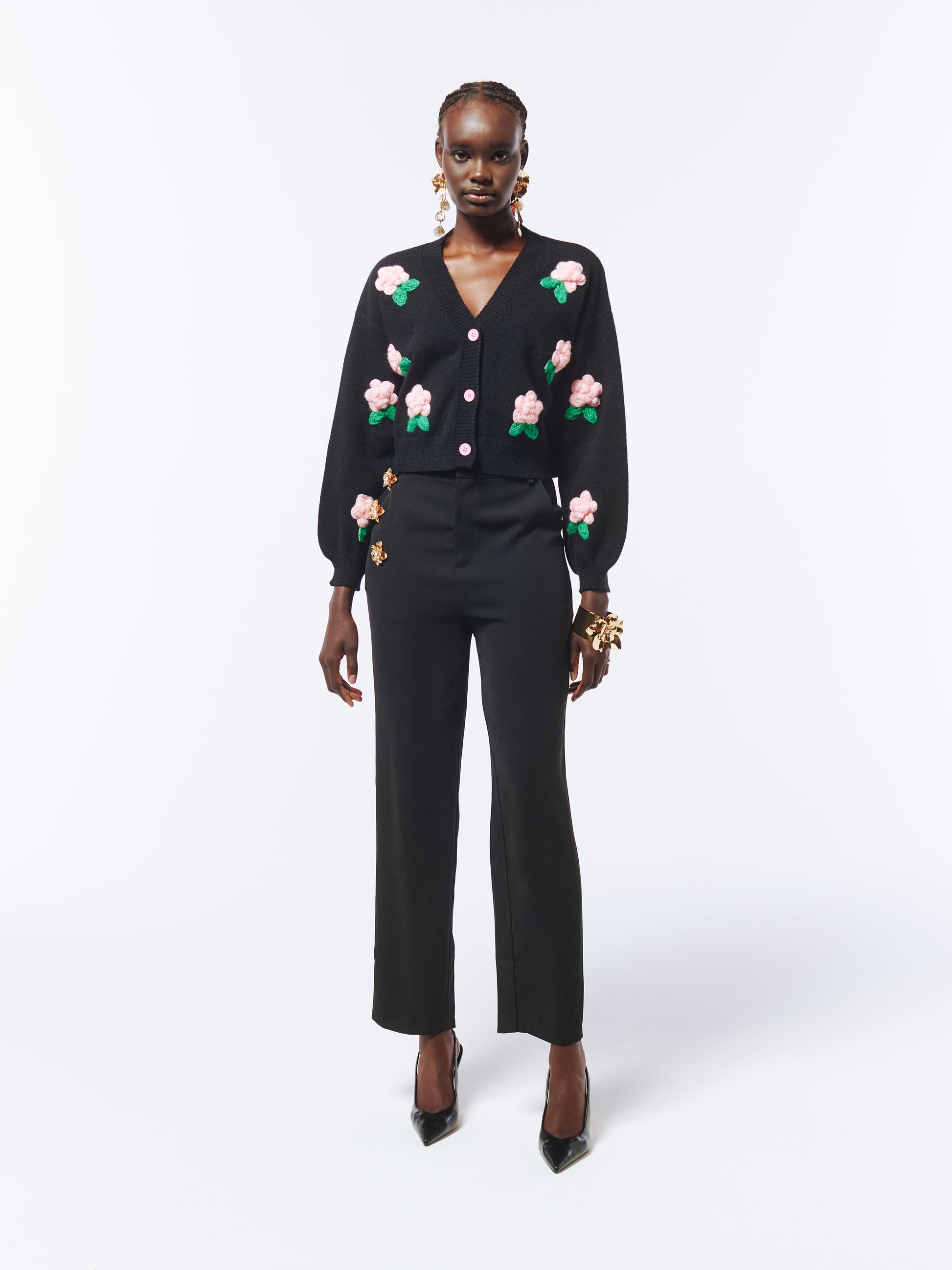 SOUR FIGS Flower Detail Knit Cardigan in Black