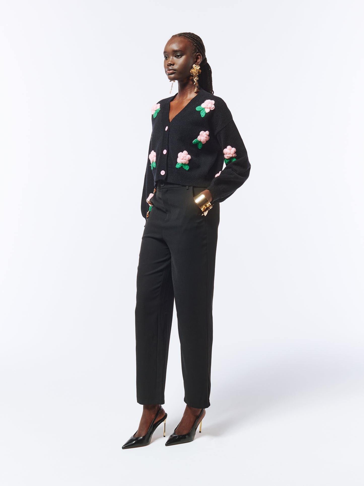 SOUR FIGS Flower Detail Knit Cardigan in Black
