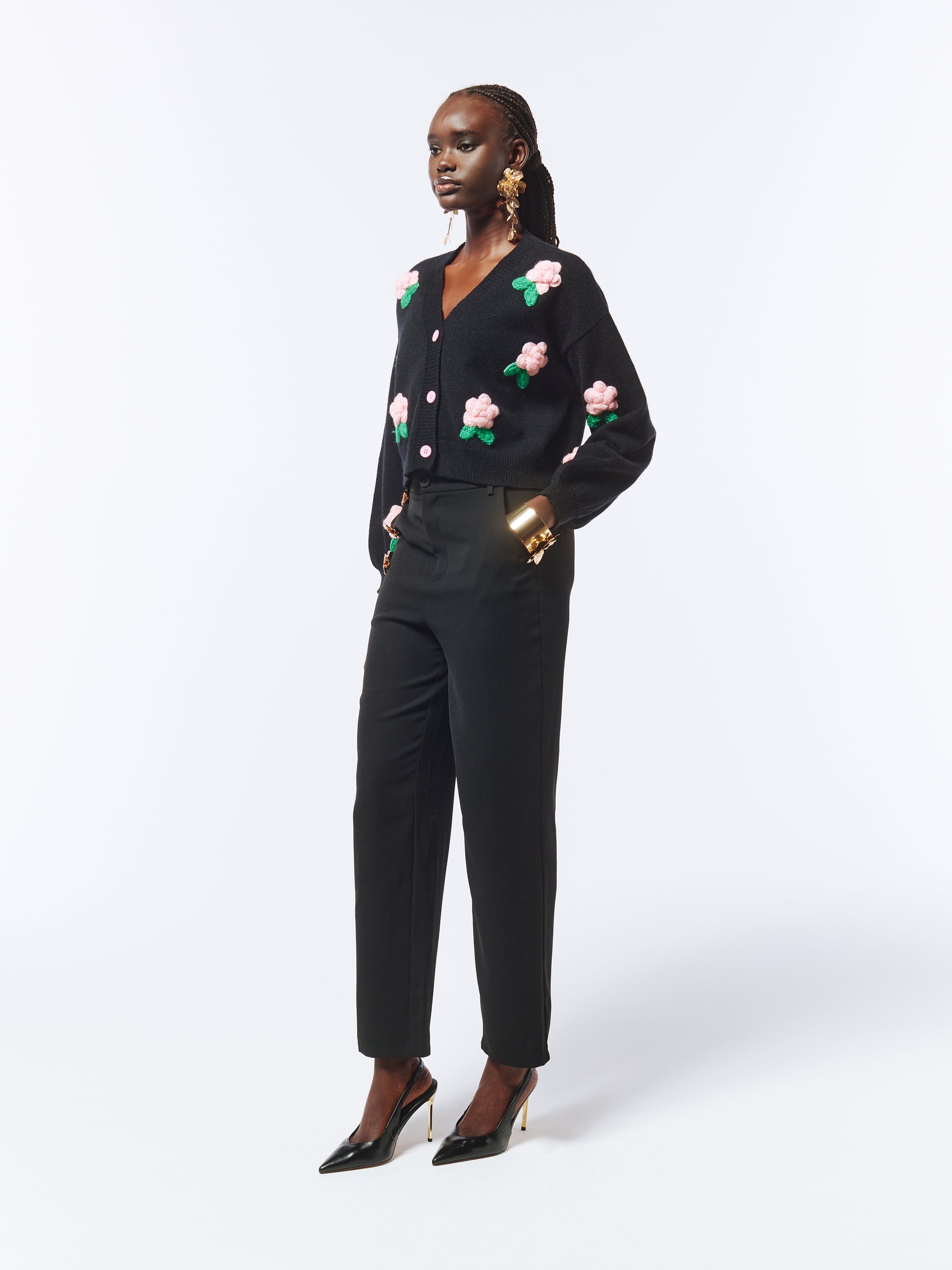 SOUR FIGS Flower Detail Knit Cardigan in Black