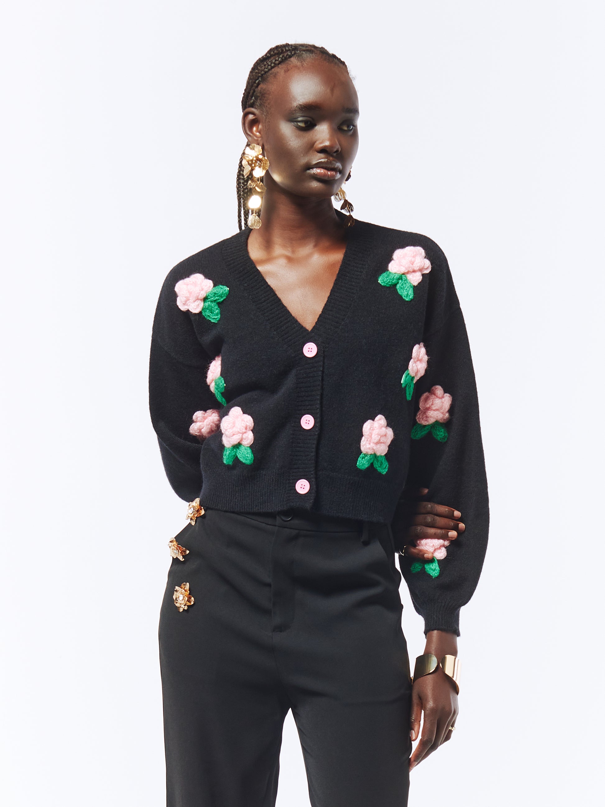 SOUR FIGS Flower Detail Knit Cardigan in Black