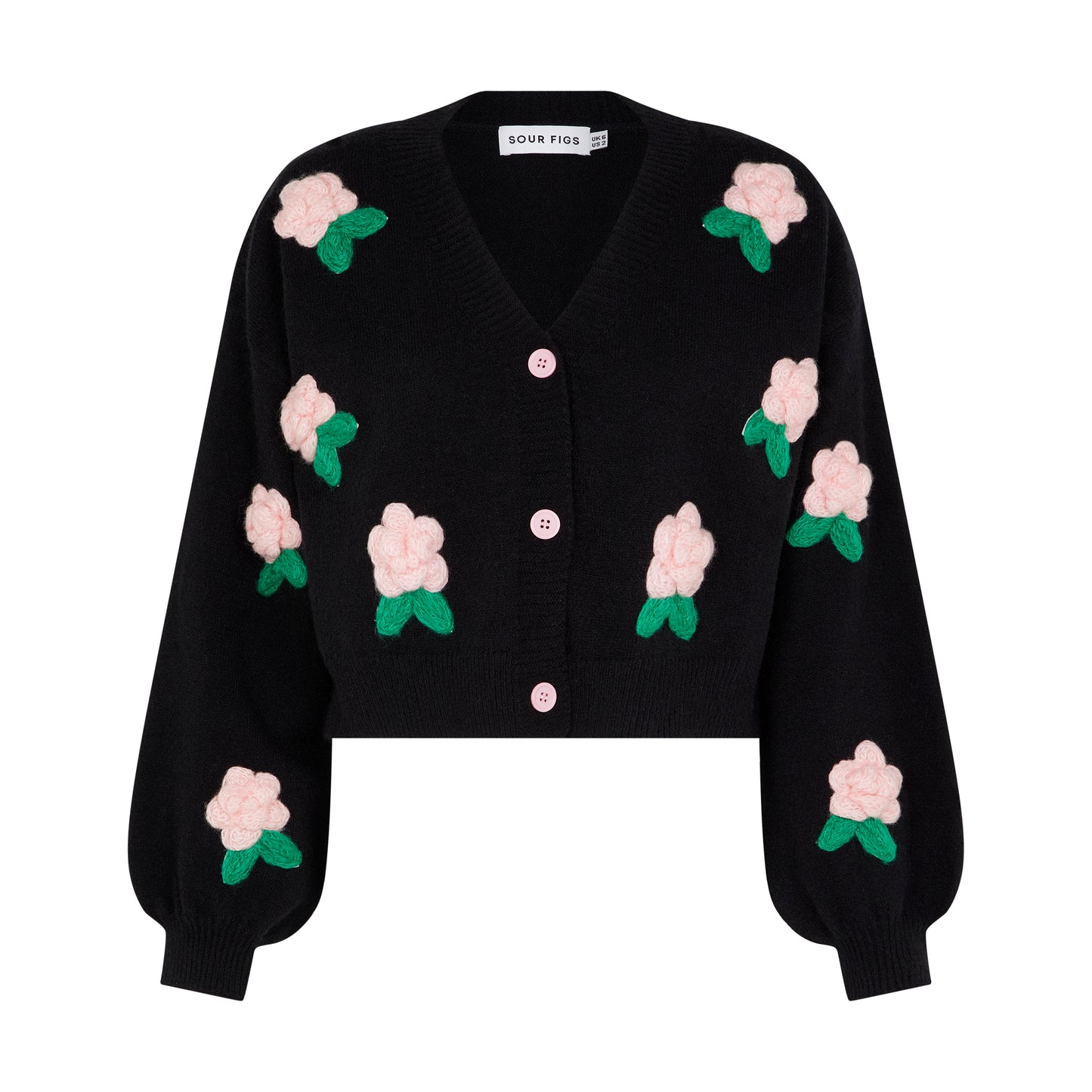 SOUR FIGS Flower Detail Knit Cardigan in Black