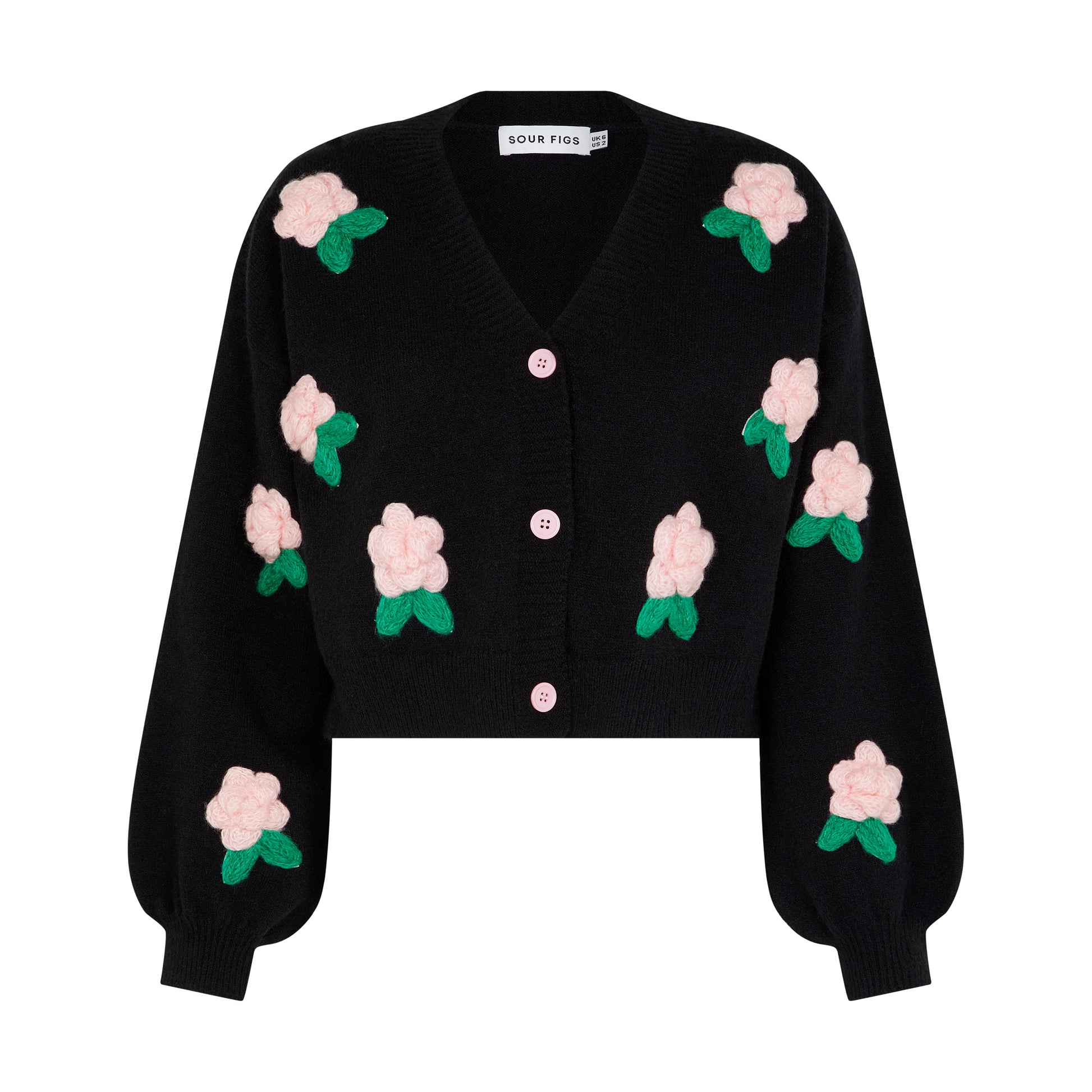 SOUR FIGS Flower Detail Knit Cardigan in Black