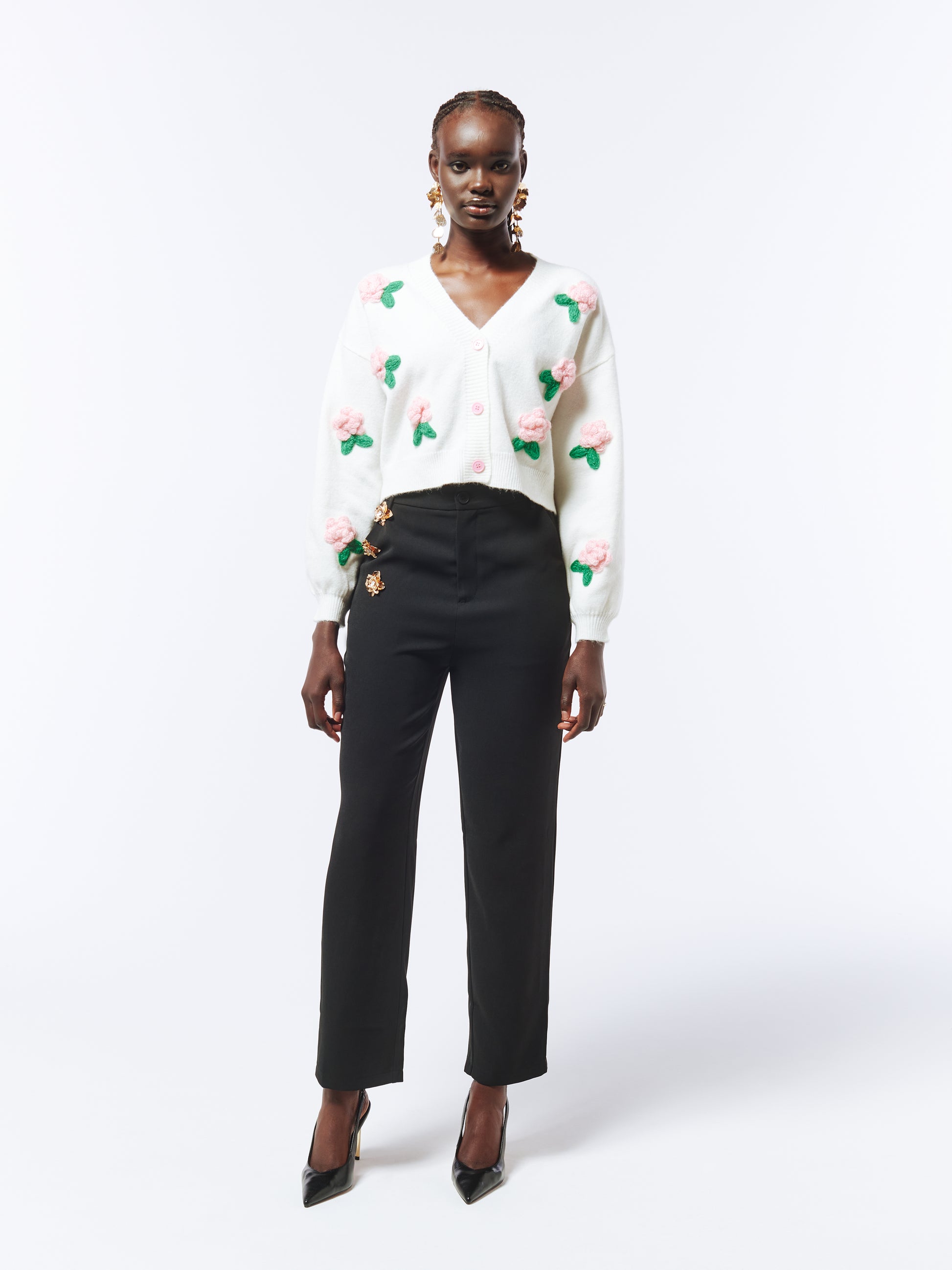 SOUR FIGS Flower Detail Knit Cardigan in Ivory White