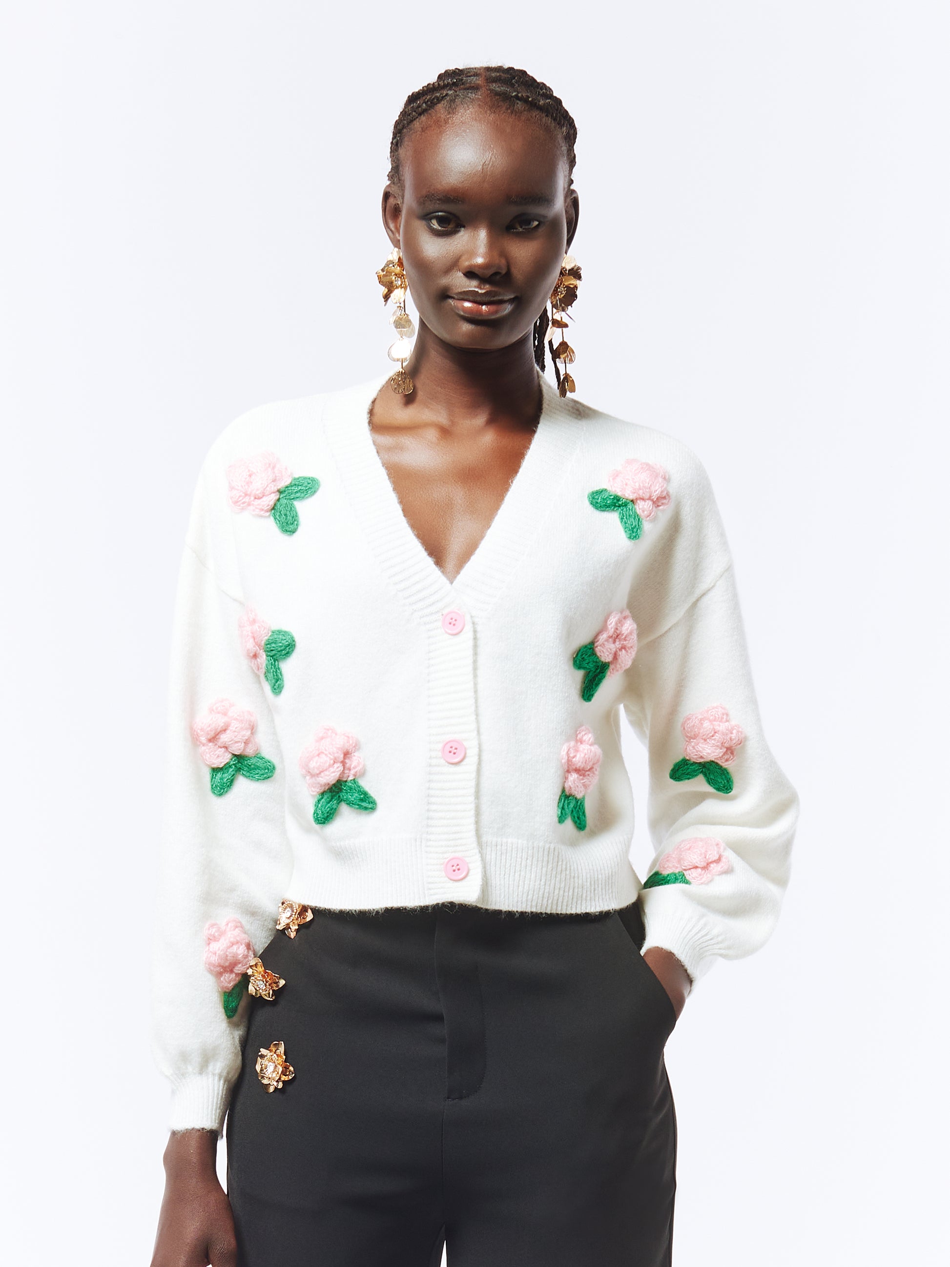 SOUR FIGS Flower Detail Knit Cardigan in Ivory White