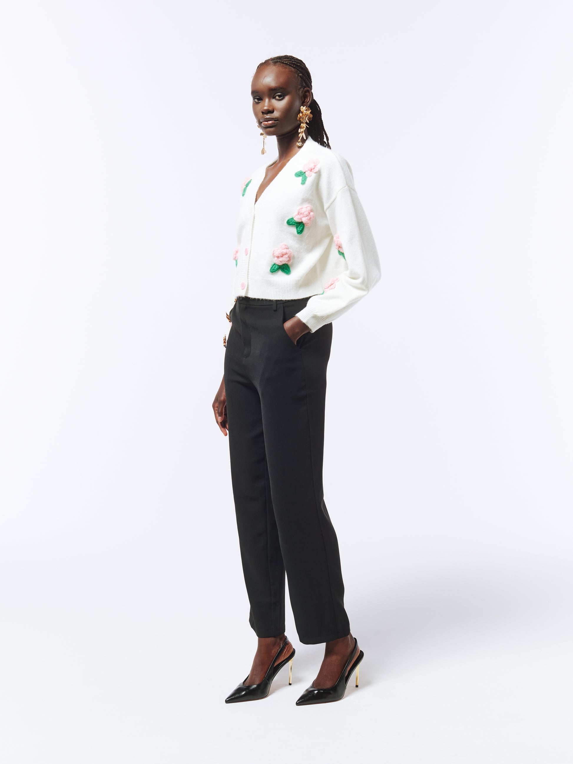 SOUR FIGS Flower Detail Knit Cardigan in Ivory White