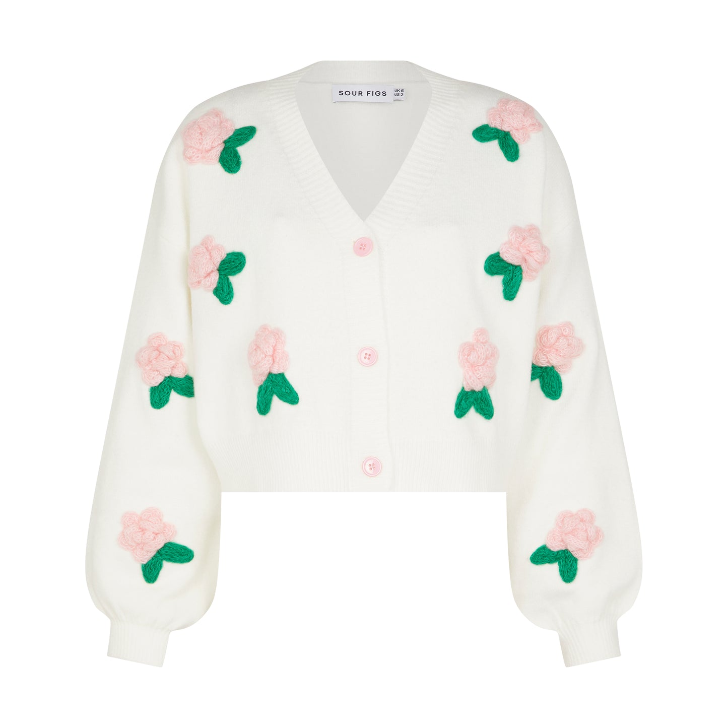 SOUR FIGS Flower Detail Knit Cardigan in Ivory White