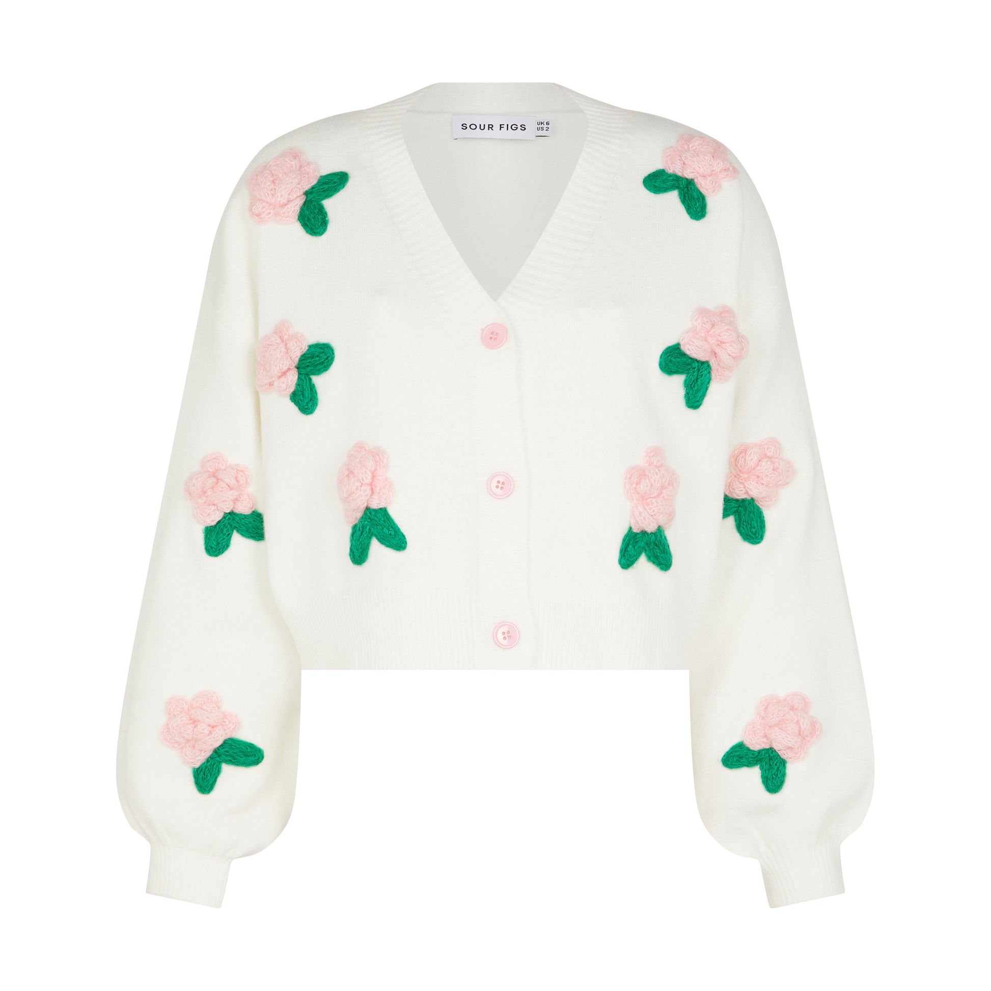 SOUR FIGS Flower Detail Knit Cardigan in Ivory White