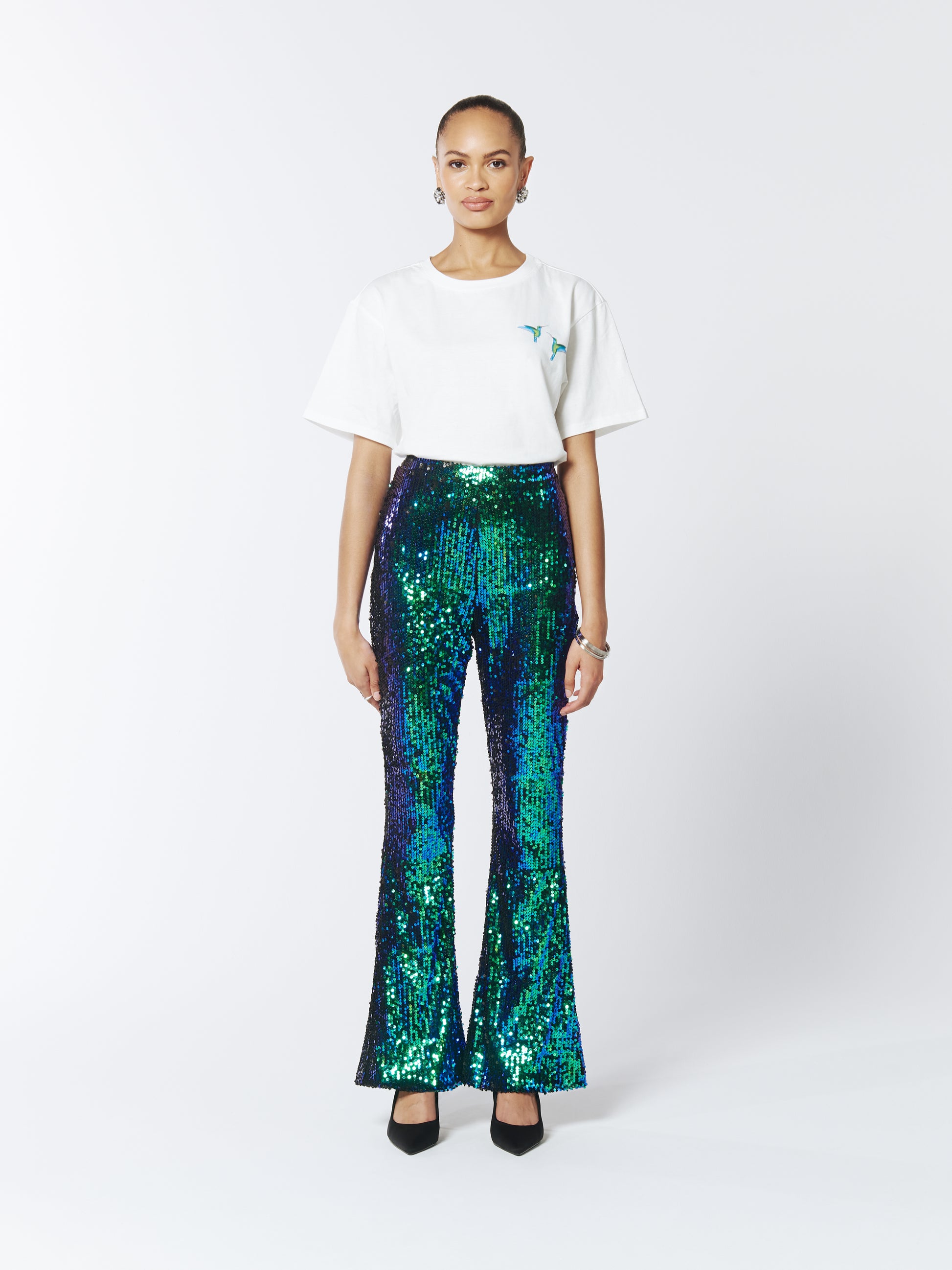 SOUR FIGS Iridescent Sequin Flared Trousers in Green Peafowl