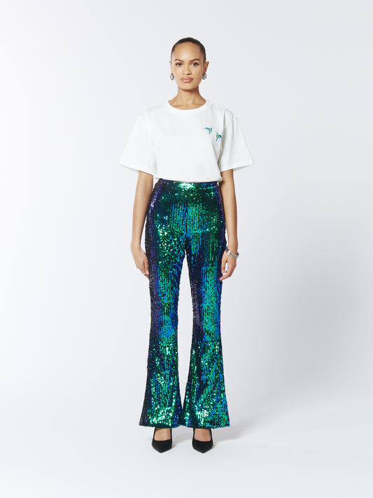 SOUR FIGS Iridescent Sequin Flared Trousers in Green Peafowl