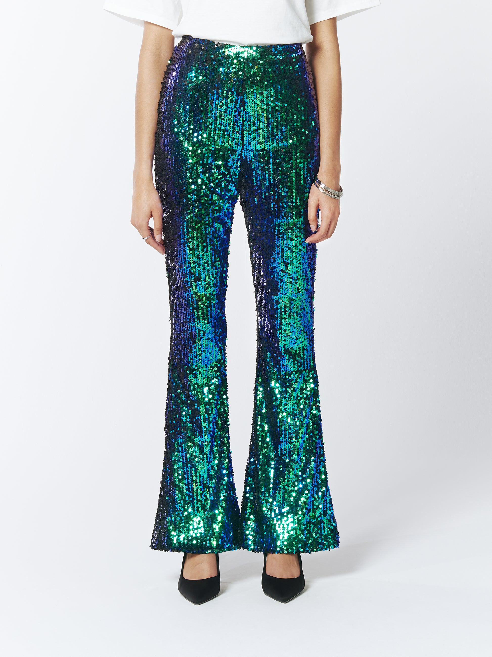SOUR FIGS Iridescent Sequin Flared Trousers in Green Peafowl