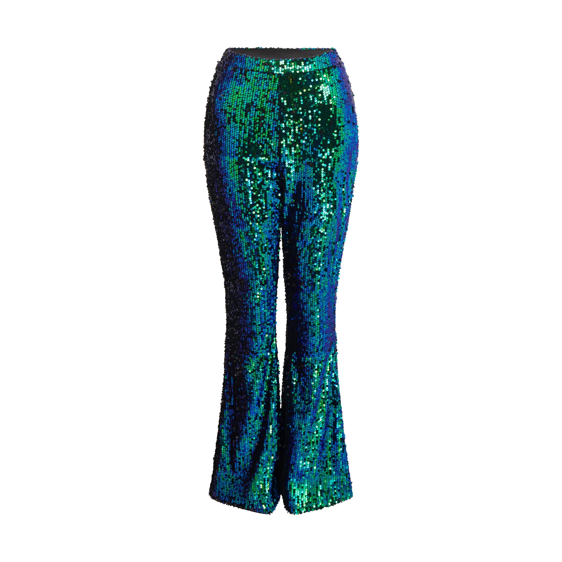 SOUR FIGS Iridescent Sequin Flared Trousers in Green Peafowl