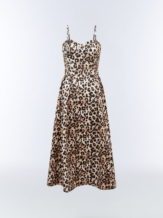SOUR FIGS Leopard Print Midi Dress Champagne showing lustrous fabric and A-line shape