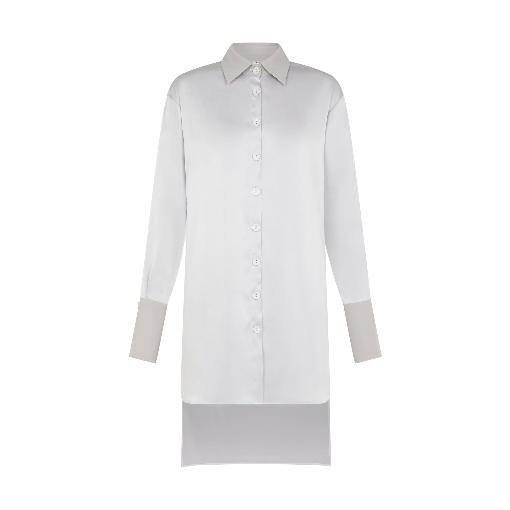 SOUR FIGS silver oversized satin shirt dress with asymmetric high-low hem – modern and elegant.