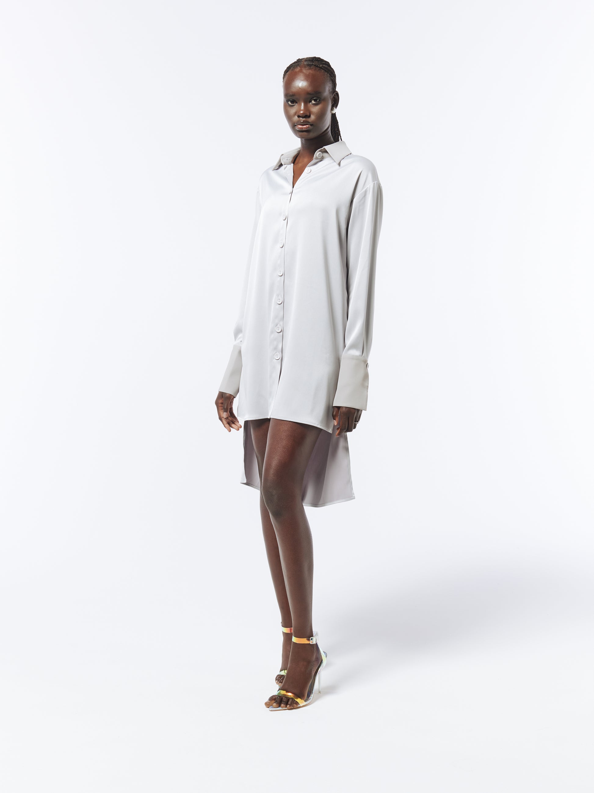 SOUR FIGS oversized asymmetric satin dress in silver – sophisticated and versatile statement piece.