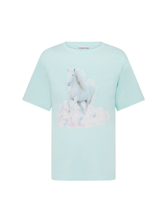 SOUR FIGS White Horse Print Unisex T-Shirt in Light Mint Green