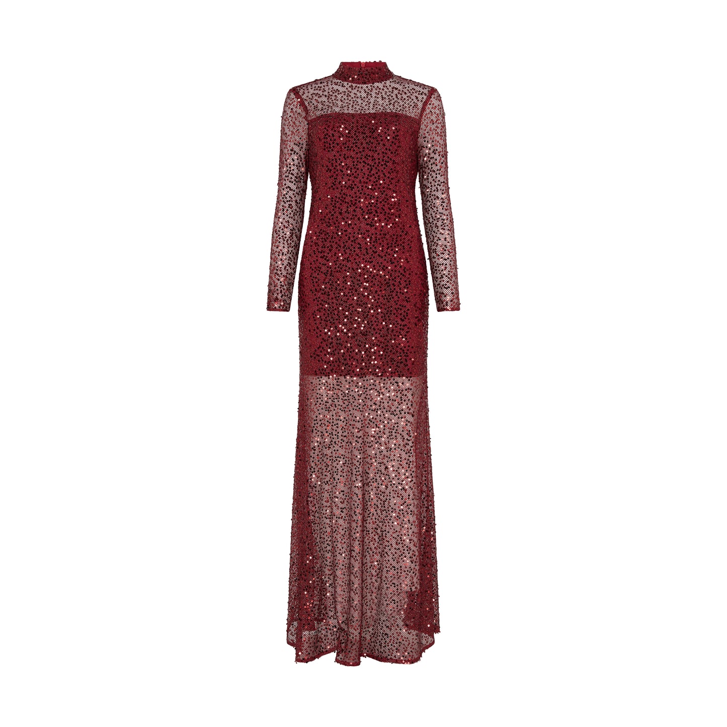 SOUR FIGS statement red evening gown with all-over sequins and sheer mesh detailing
